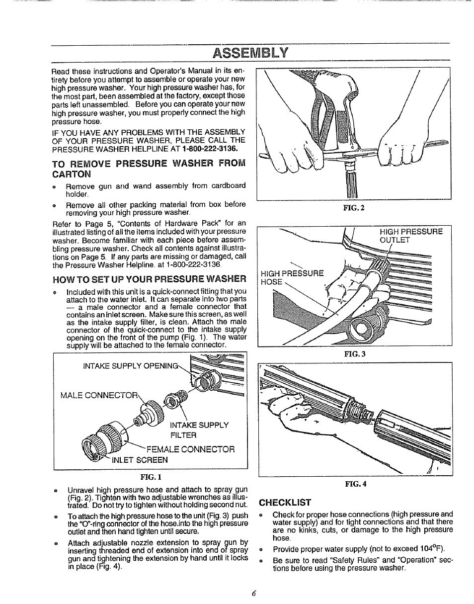 To remove pressure washer from carton, Howto set up your pressure washer, Checklist | Assembly | Sears 580.75133 User Manual | Page 6 / 18