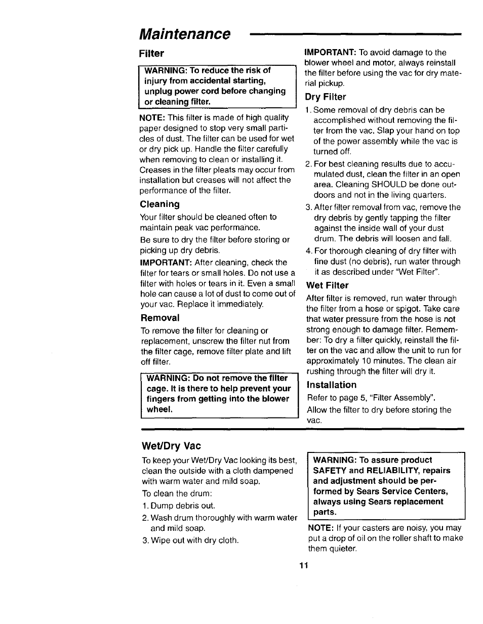 Maintenance, Filter | Sears Craftsman 113.177035 User Manual | Page 11 / 16