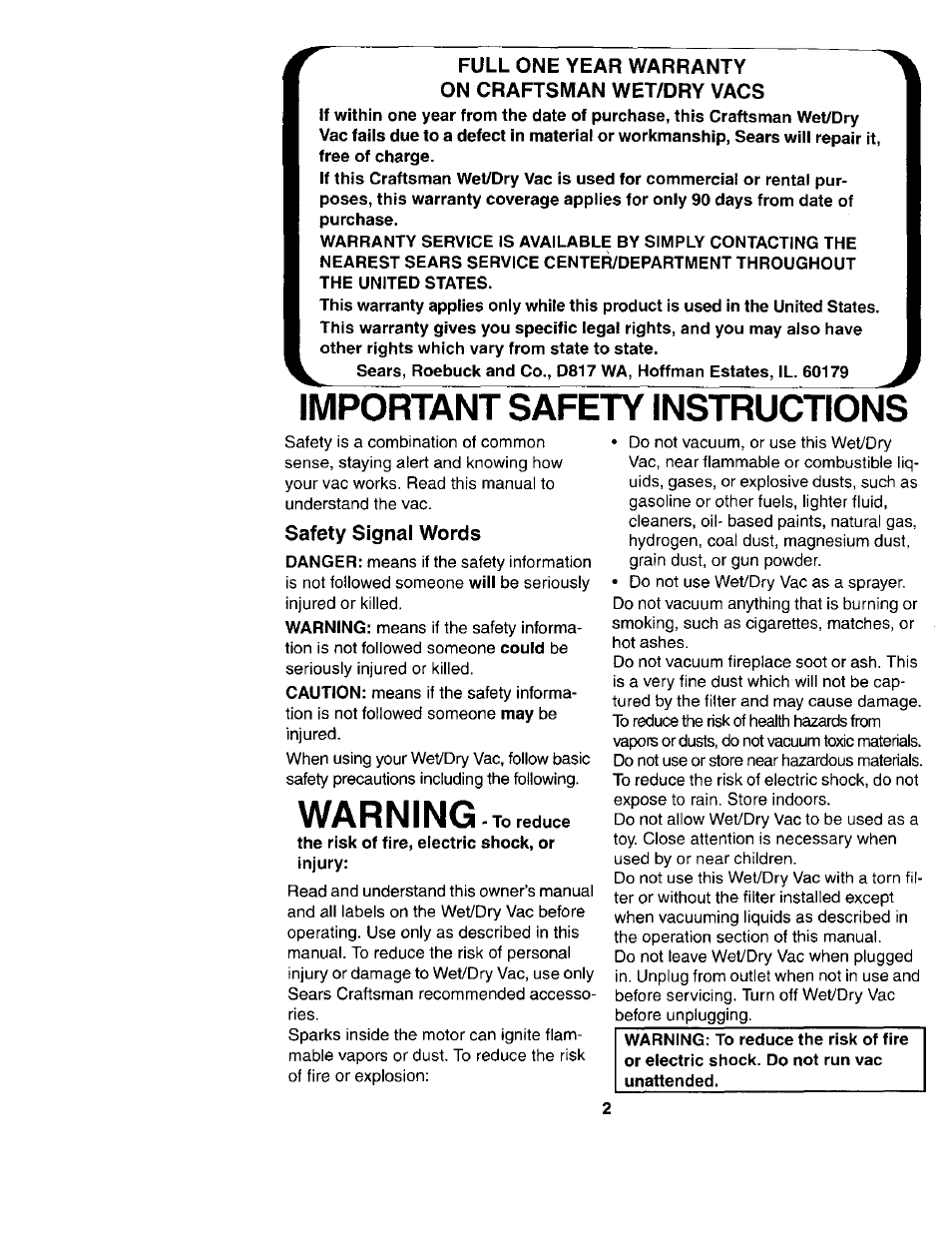 Important safety instructions, Warning | Sears Craftsman 113.177035 User Manual | Page 2 / 16