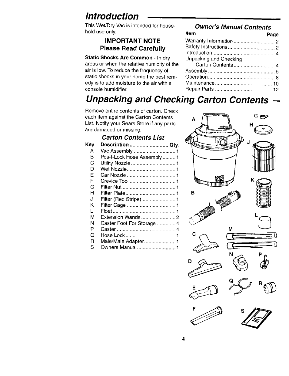Introduction, Unpacking and checking carton contents | Sears Craftsman 113.177035 User Manual | Page 4 / 16
