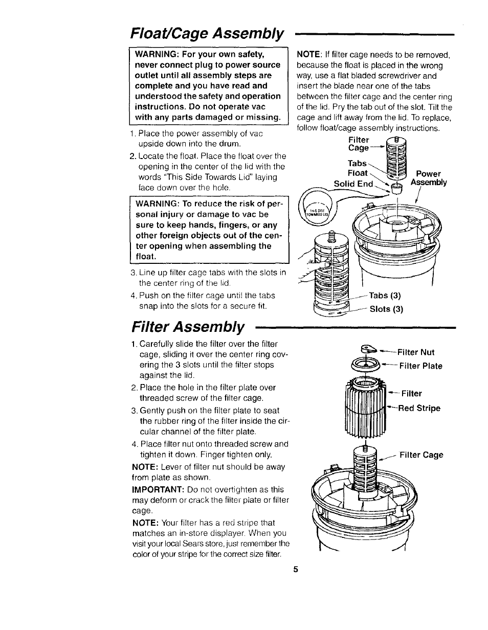 Float/cage assembly, Filter assembly | Sears Craftsman 113.177035 User Manual | Page 5 / 16
