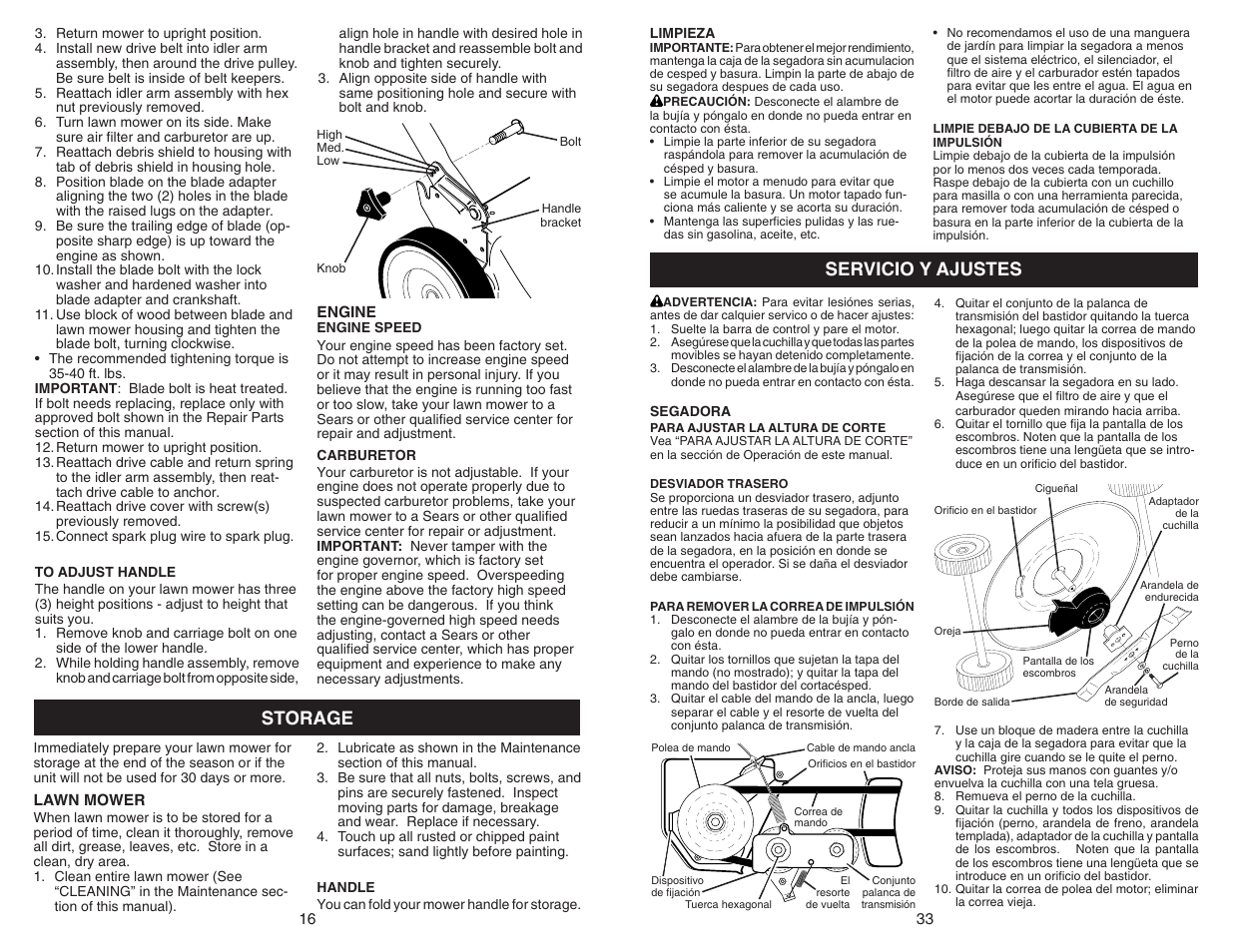 Storage, Servicio y ajustes | Sears 917.370721 User Manual | Page 16 / 24