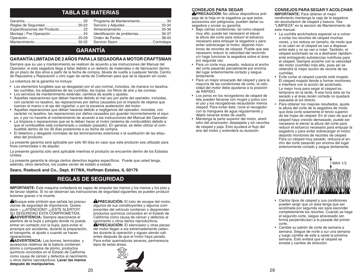 Tabla de materias garantía reglas de seguridad | Sears 917.370721 User Manual | Page 20 / 24