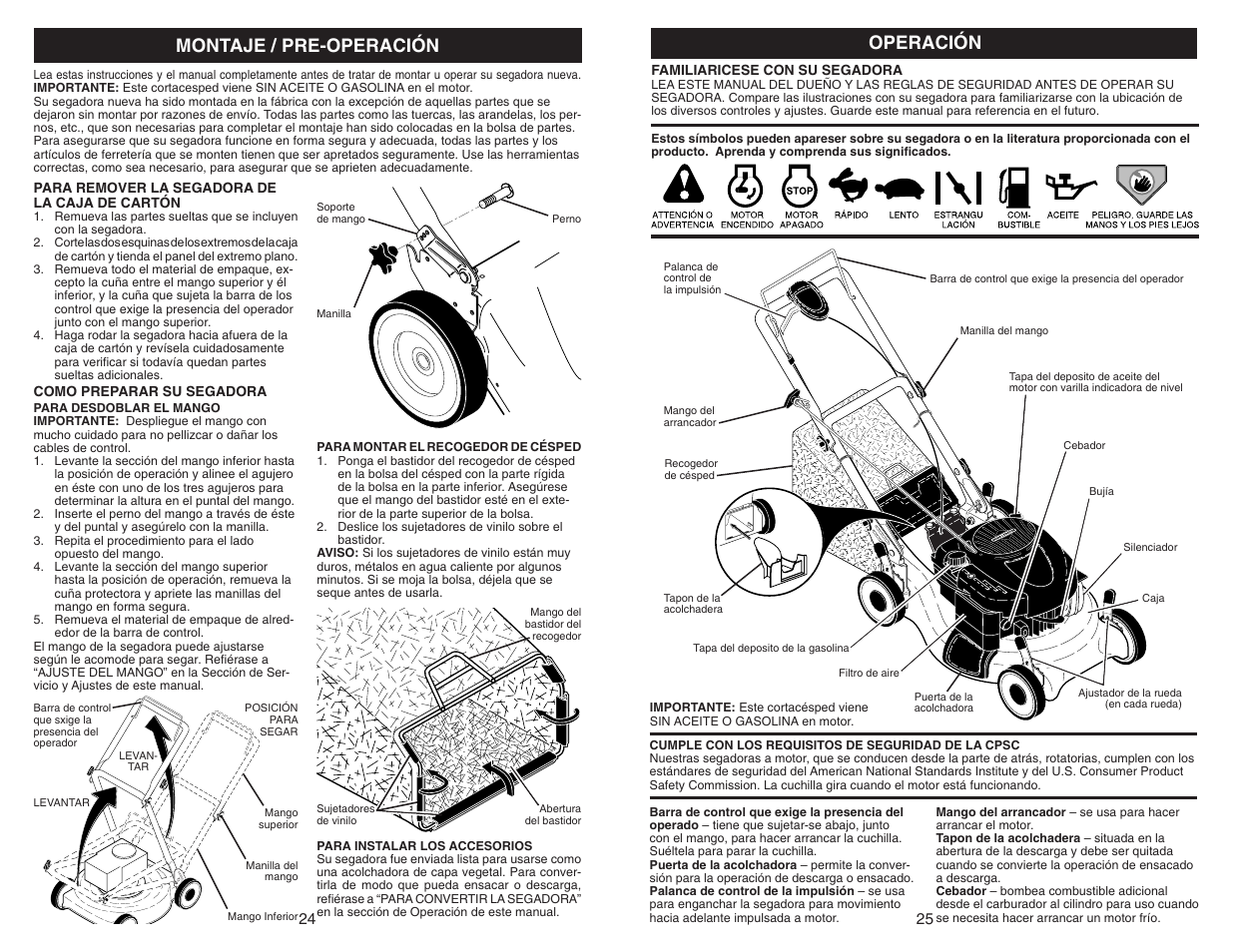 Montaje / pre-operación, Operación | Sears 917.370721 User Manual | Page 24 / 24
