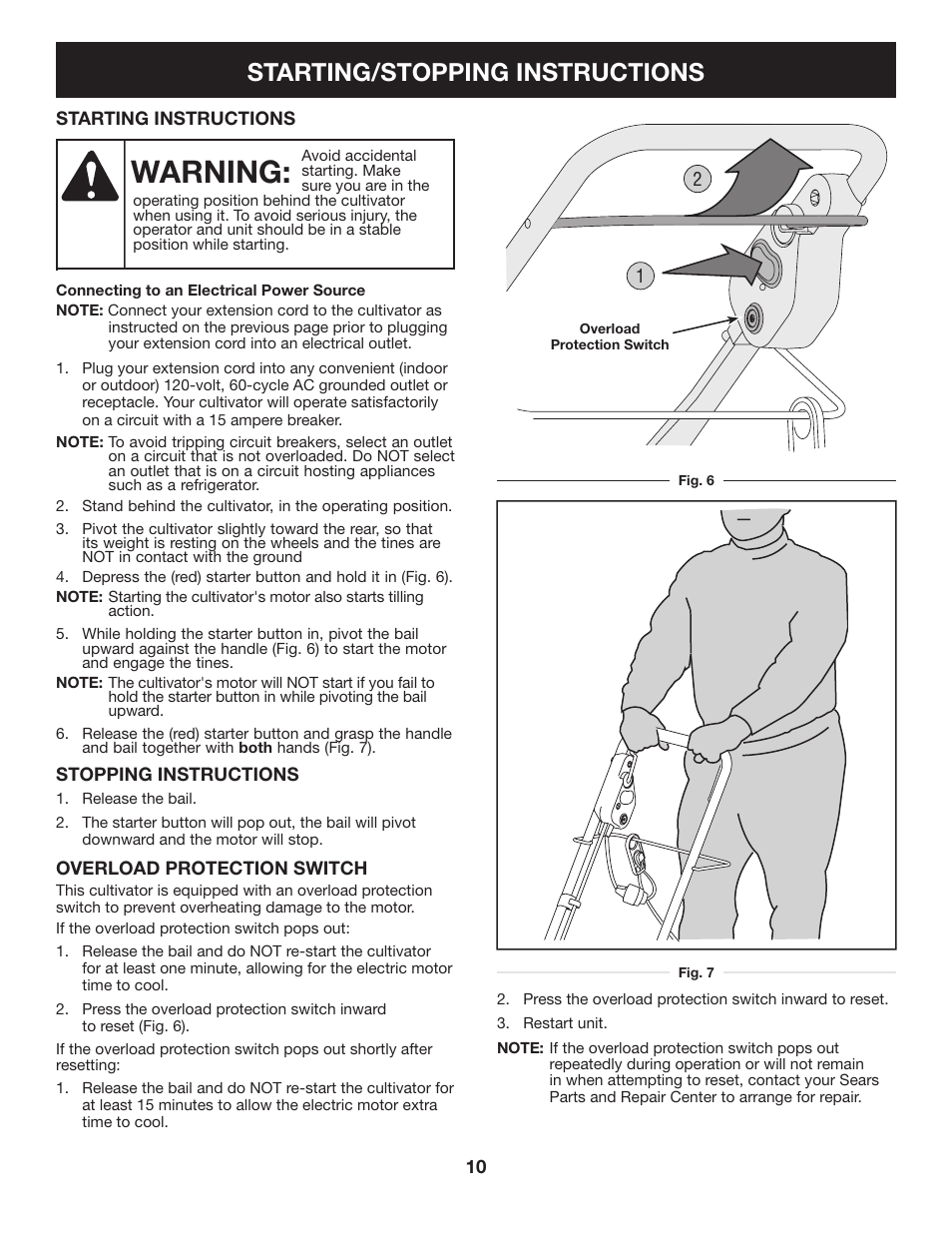 Warning, Starting/stopping instructions | Sears 316.2926 User Manual | Page 10 / 32