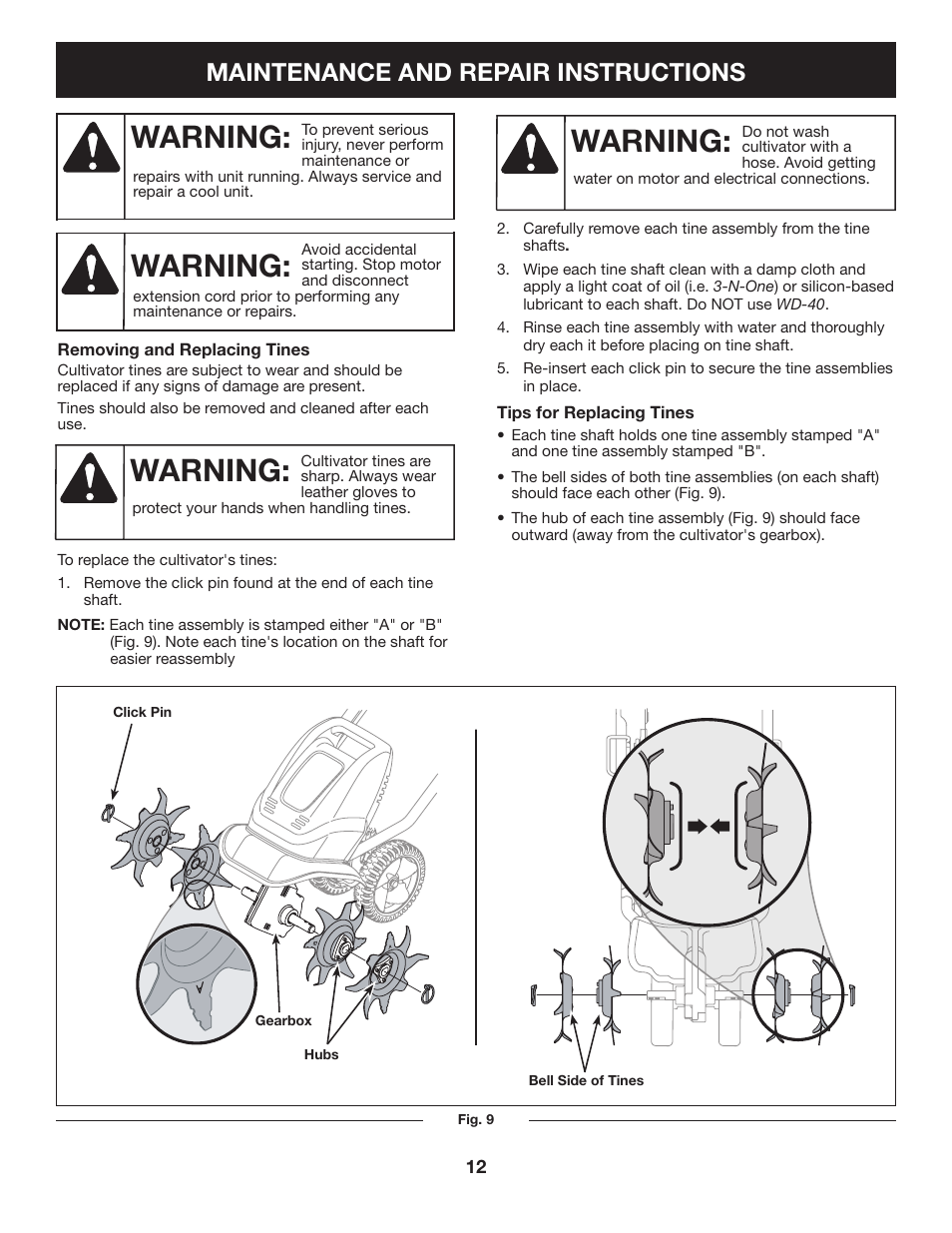 Warning, Maintenance and repair instructions | Sears 316.2926 User Manual | Page 12 / 32