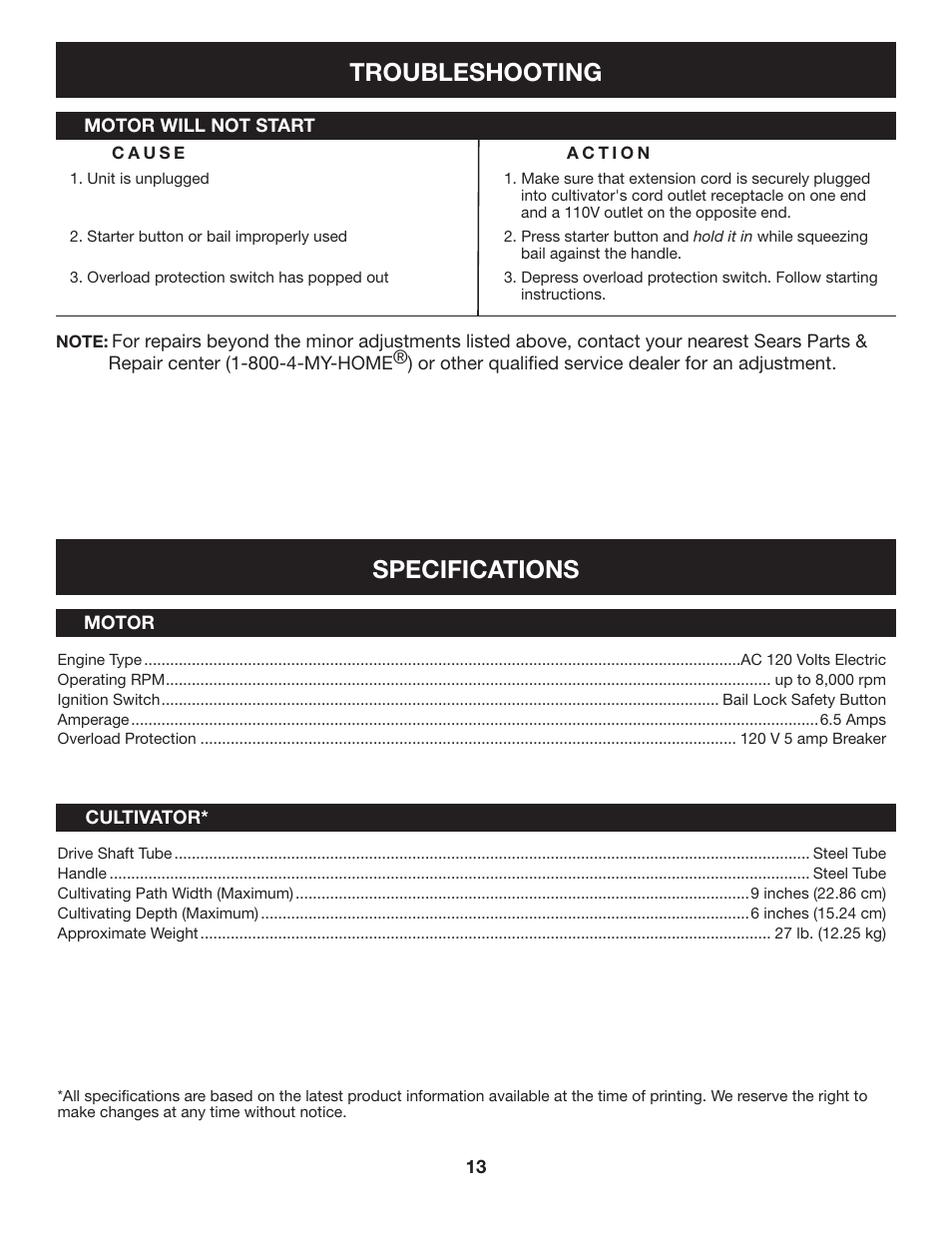 Troubleshooting, Specifications | Sears 316.2926 User Manual | Page 13 / 32