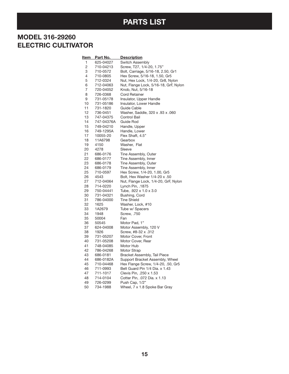 Parts list | Sears 316.2926 User Manual | Page 15 / 32