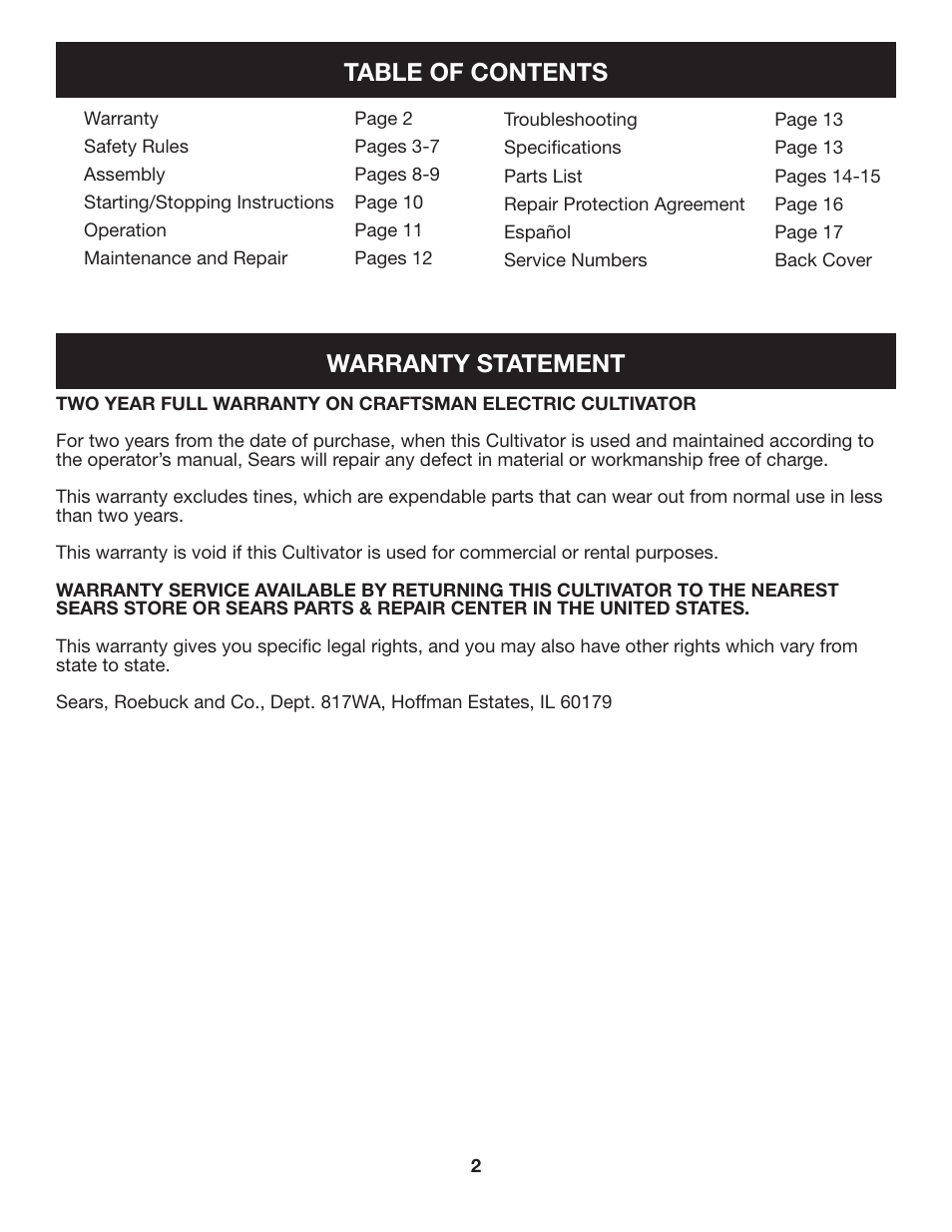 Table of contents warranty statement | Sears 316.2926 User Manual | Page 2 / 32