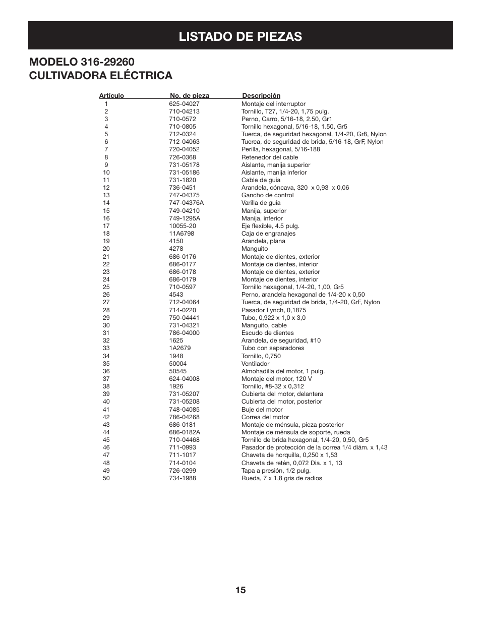 Listado de piezas | Sears 316.2926 User Manual | Page 31 / 32