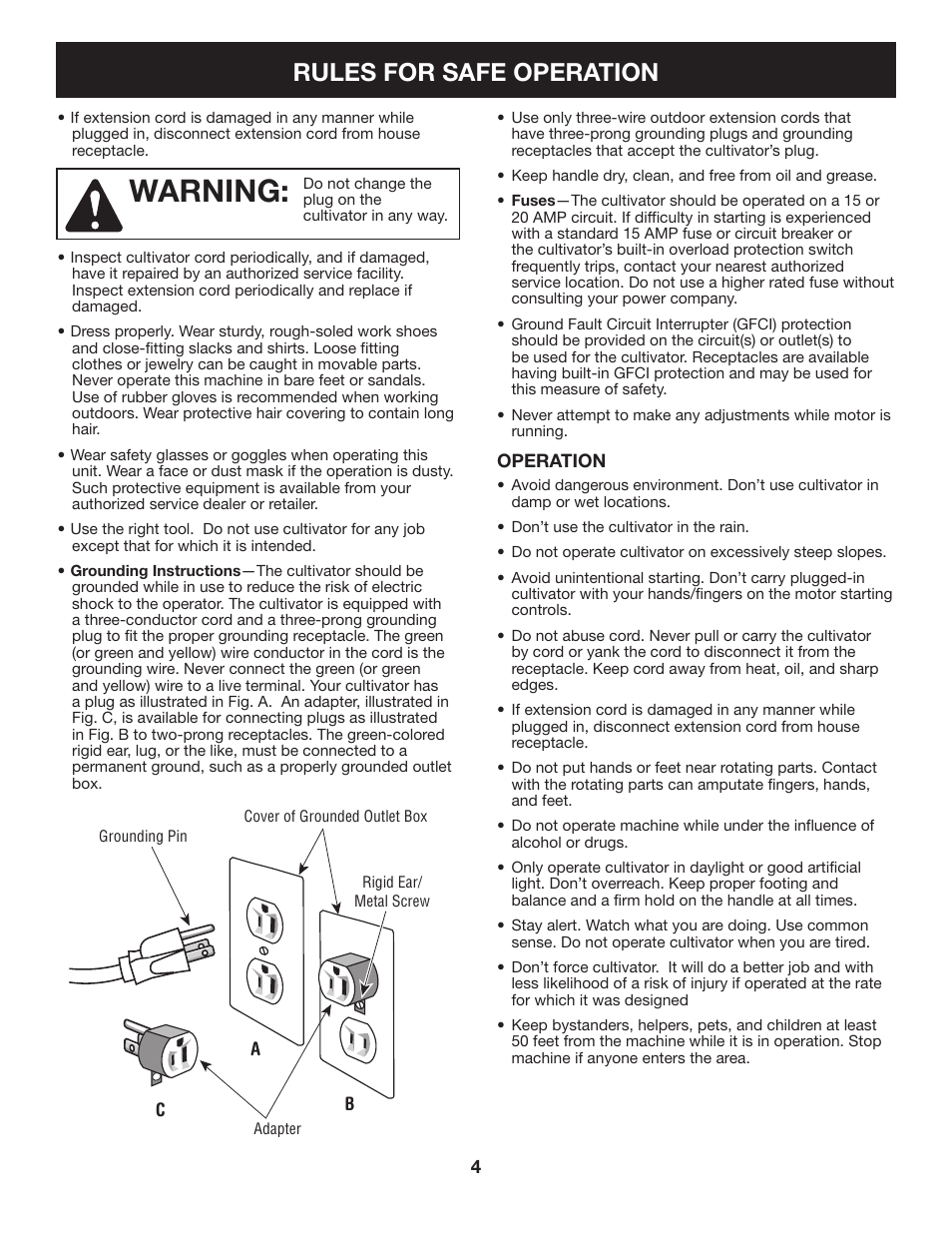 Warning, Rules for safe operation | Sears 316.2926 User Manual | Page 4 / 32