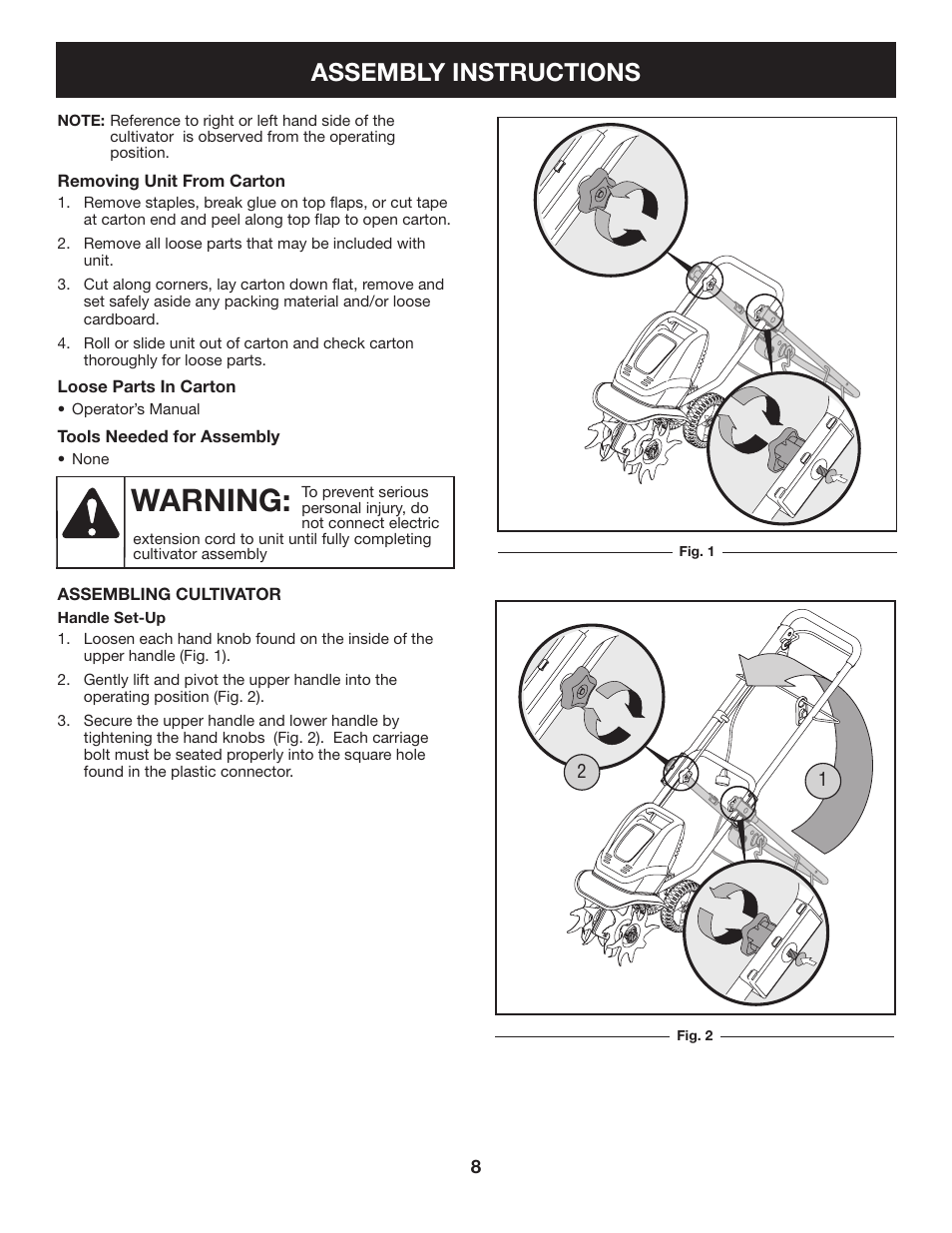 Warning, Assembly instructions | Sears 316.2926 User Manual | Page 8 / 32