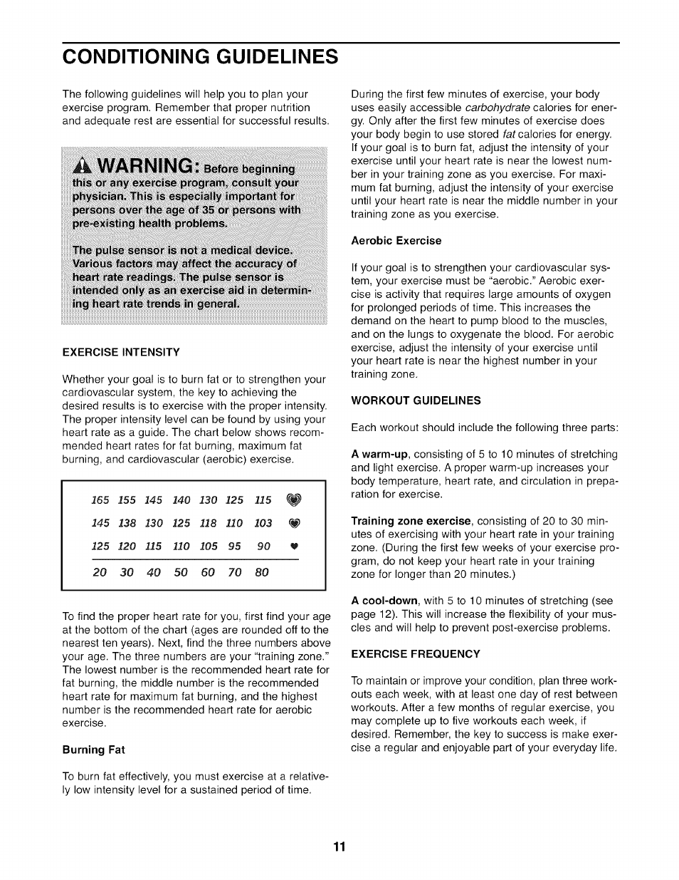 Conditioning guidelines, Exercise intensity, Burning fat | Aerobic exercise, Workout guidelines, Exercise frequency, Warningl | Sears 83 User Manual | Page 11 / 16