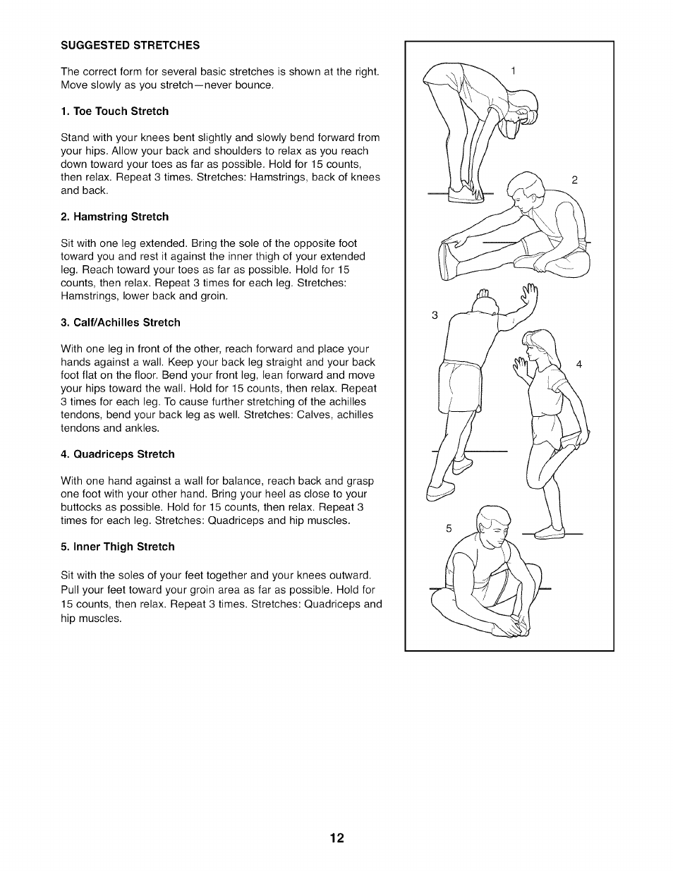 Suggested stretches, Toe touch stretch, Hamstring stretch | Calf/achilles stretch, Quadriceps stretch, Inner thigh stretch | Sears 83 User Manual | Page 12 / 16