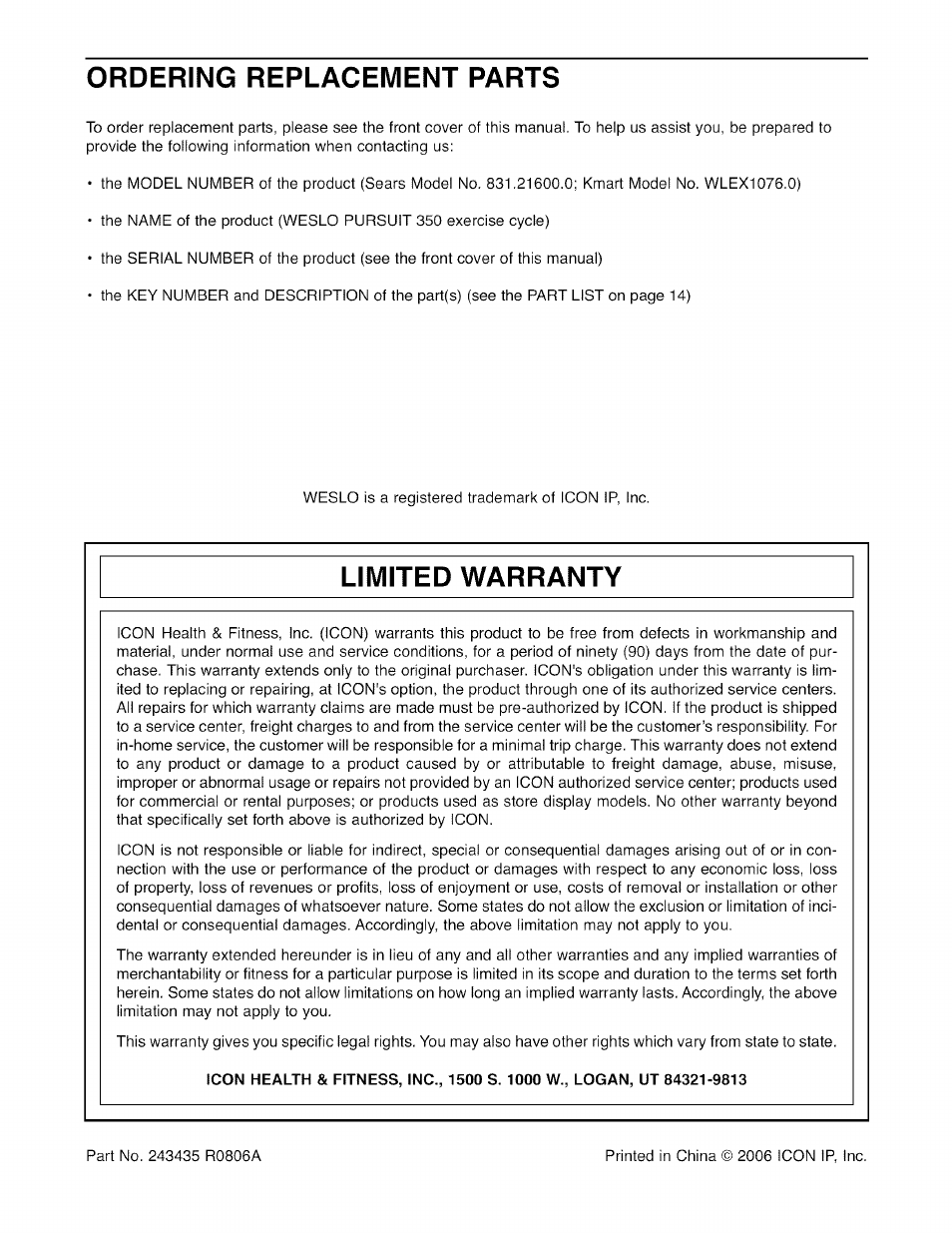 Ordering replacement parts, Limited warranty | Sears 83 User Manual | Page 16 / 16