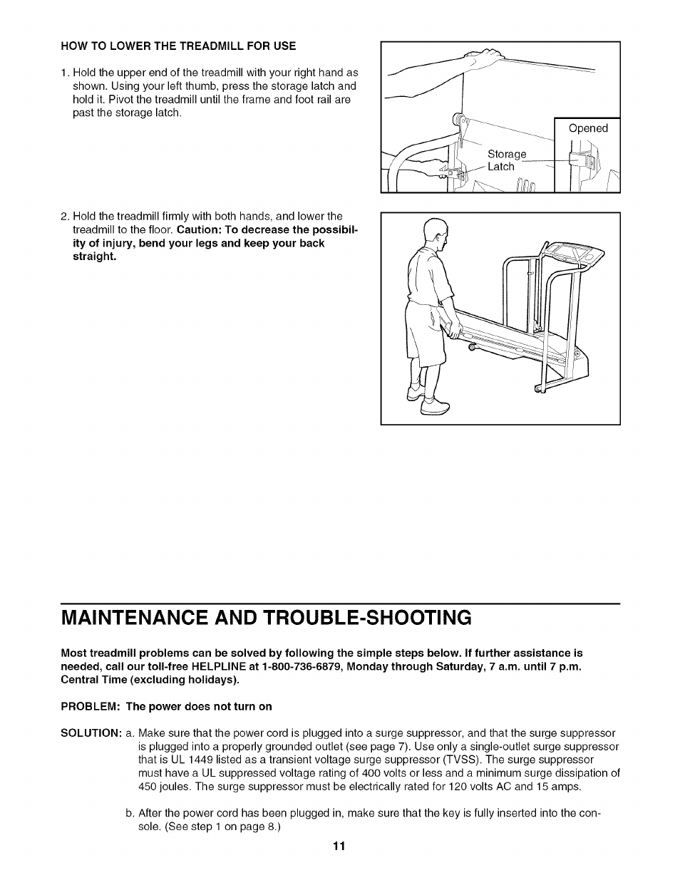 How to lower the treadmill for use, Maintenance and trouble-shooting, Problem: the power does not turn on | Sears 631.29739 User Manual | Page 11 / 18