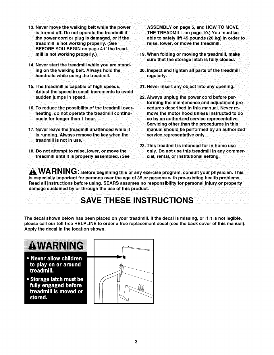 Save these instructions, 4warning, Awarning | Sears 631.29739 User Manual | Page 3 / 18