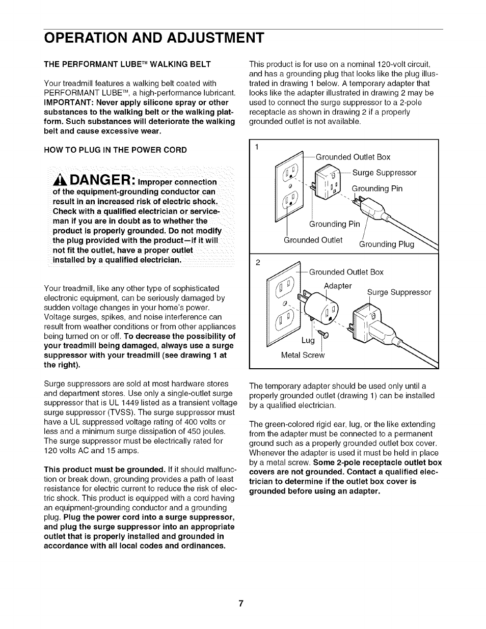 Operation and adjustment, The performant lube™ walking belt, How to plug in the power cord | Adanger | Sears 631.29739 User Manual | Page 7 / 18