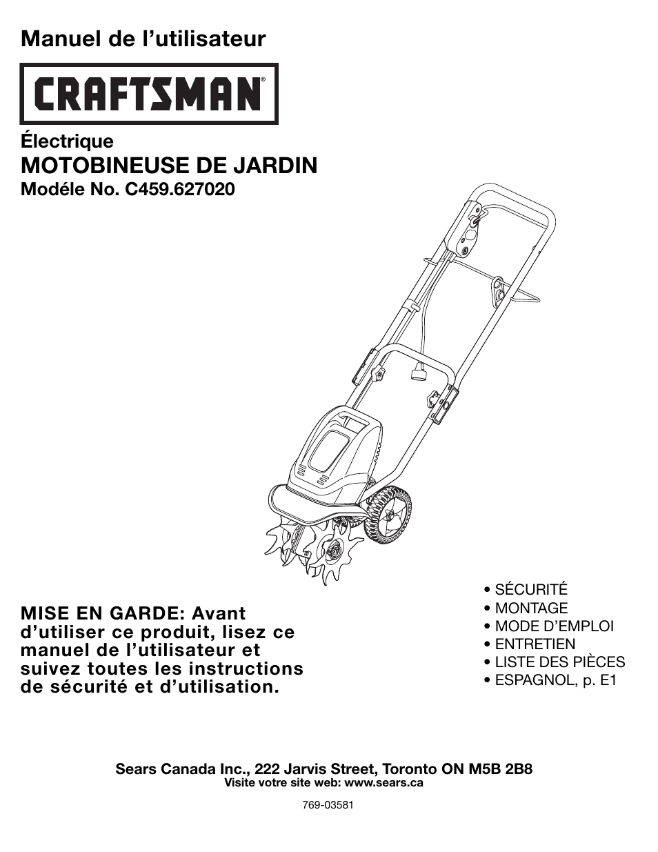 Manuel de l’utilisateur, Motobineuse de jardin, Électrique | Sears C459.627020 User Manual | Page 13 / 40