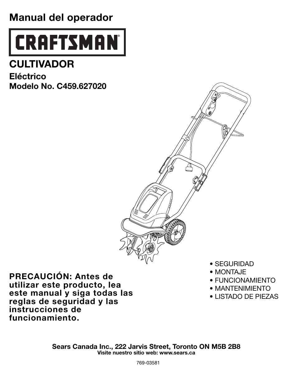 Manual del operador, Cultivador, Eléctrico | Sears C459.627020 User Manual | Page 25 / 40