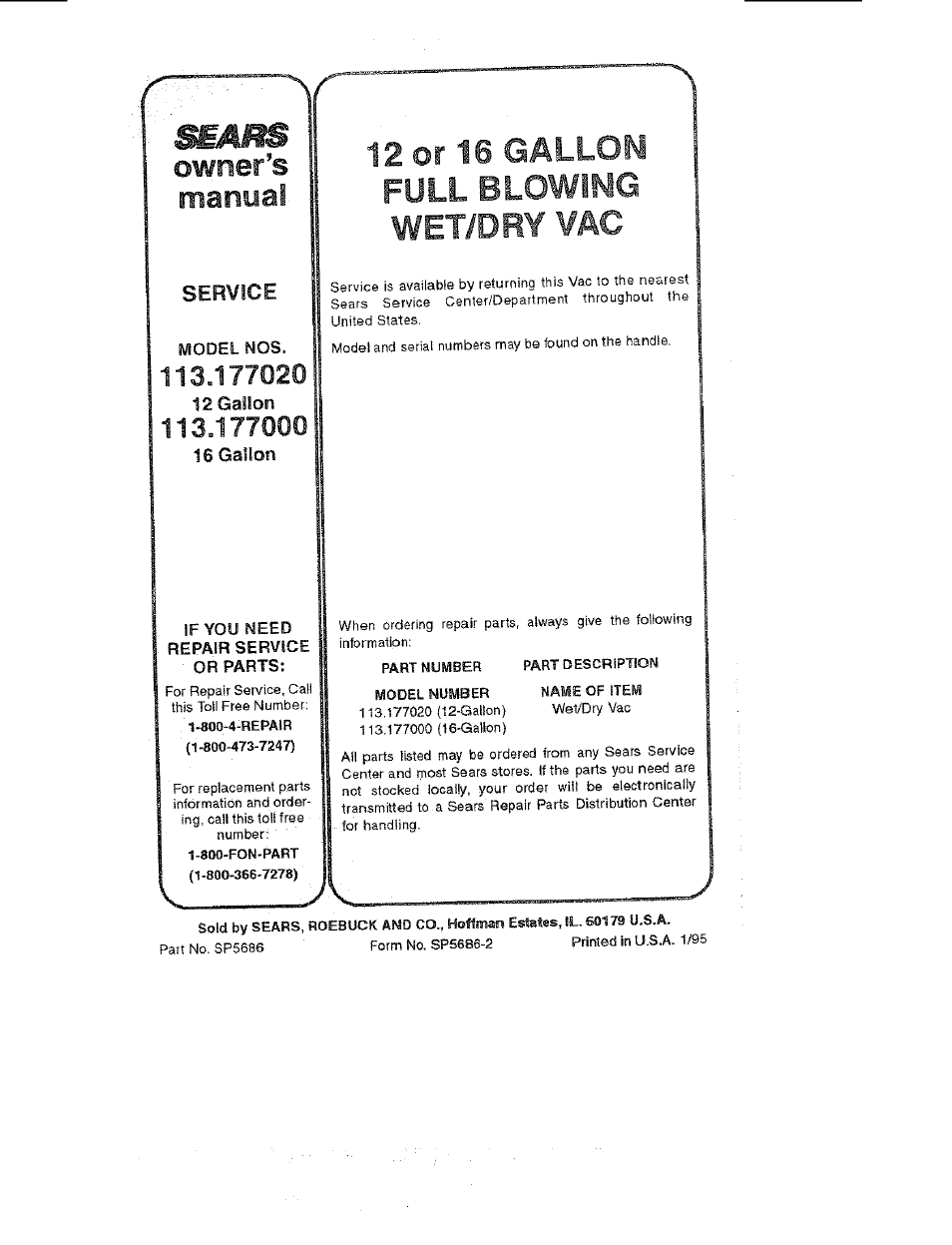 12 or 16 gallon, Wet/dry vac, Manual | Owner s, Full, Blowing | Sears 113.177020 User Manual | Page 12 / 12