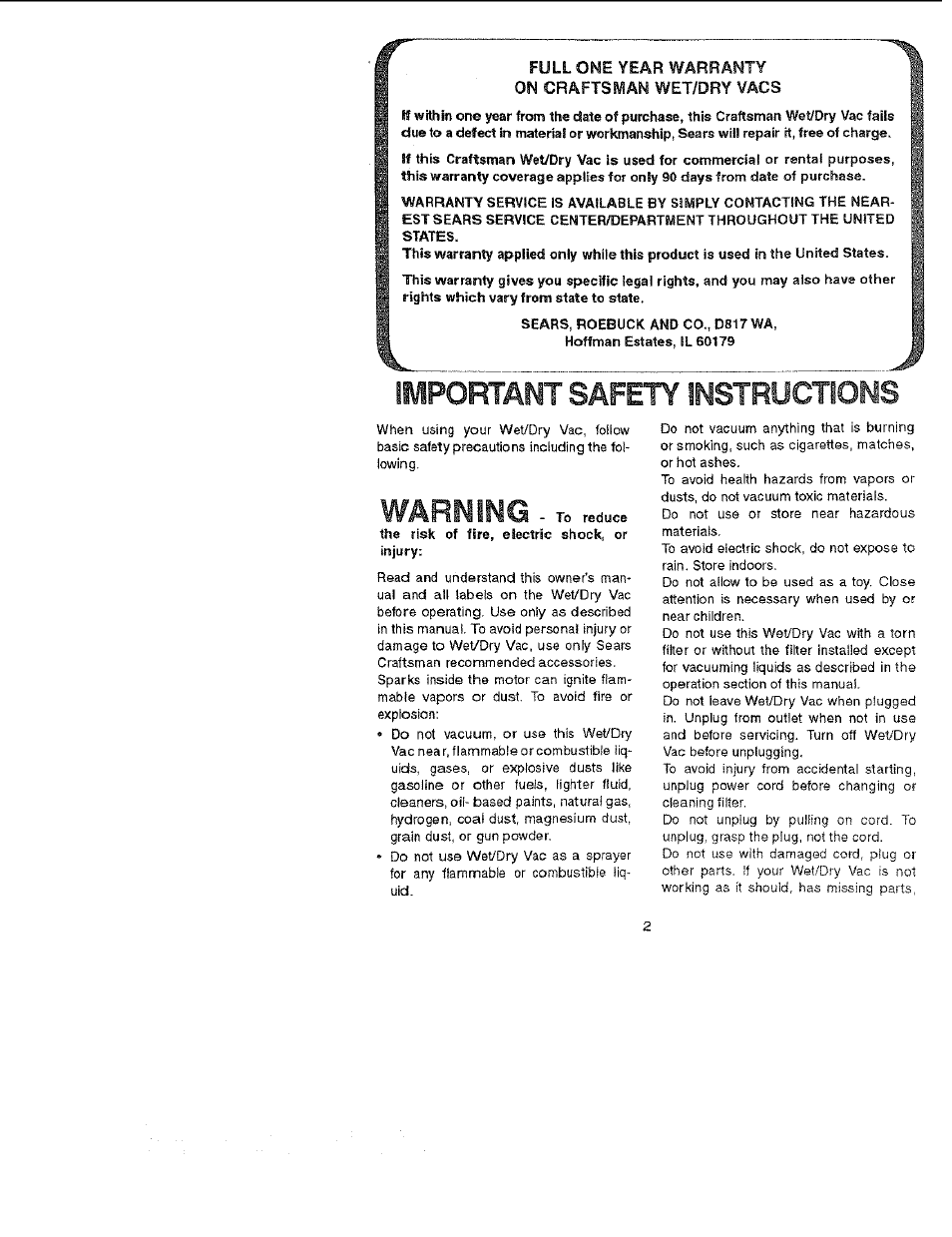Important safety instructions, Warning | Sears 113.177020 User Manual | Page 2 / 12