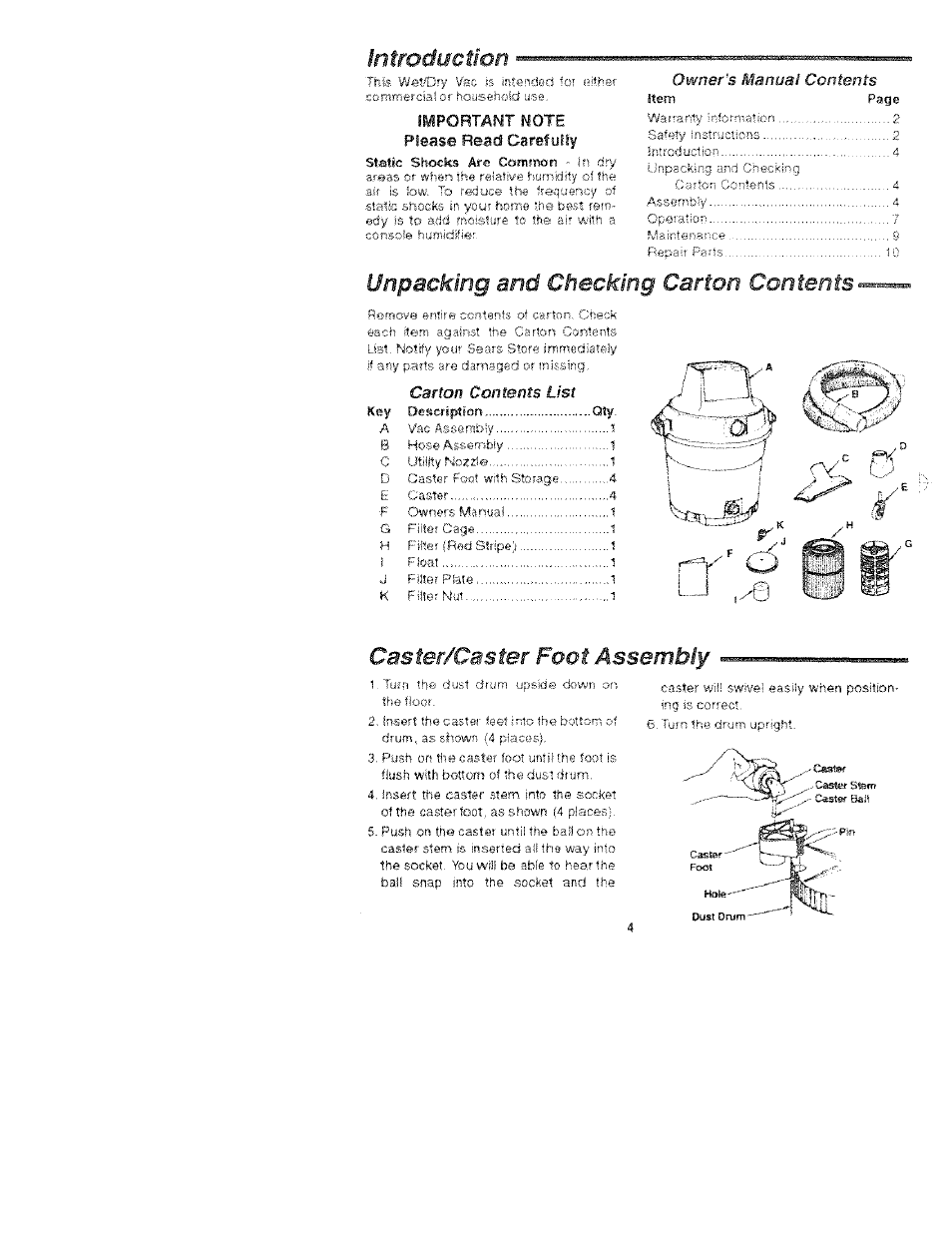 Unpacking and checking carton contents, Caster/caster foot assembly, Introductígn | Sears 113.177020 User Manual | Page 4 / 12