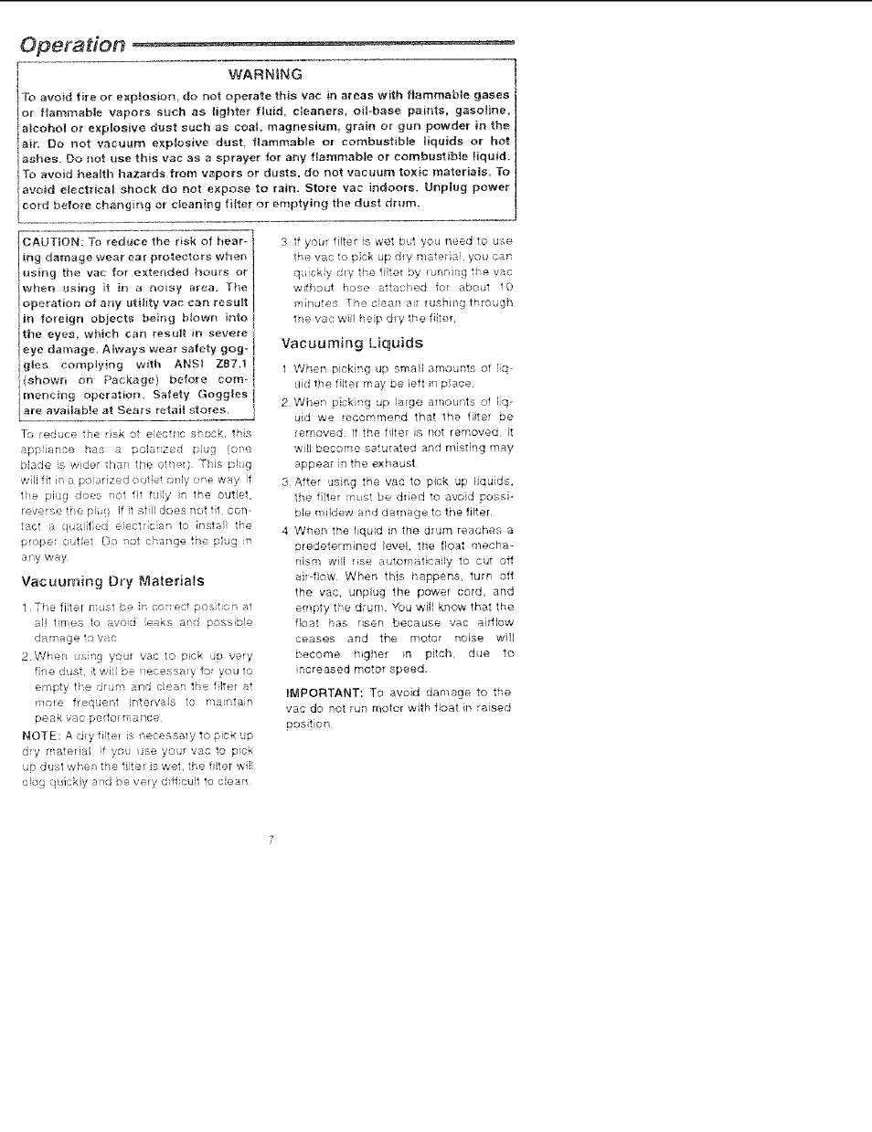 Operation, Warning, Vacuuming dry materials | Vacuuming, Liquids | Sears 113.177020 User Manual | Page 7 / 12