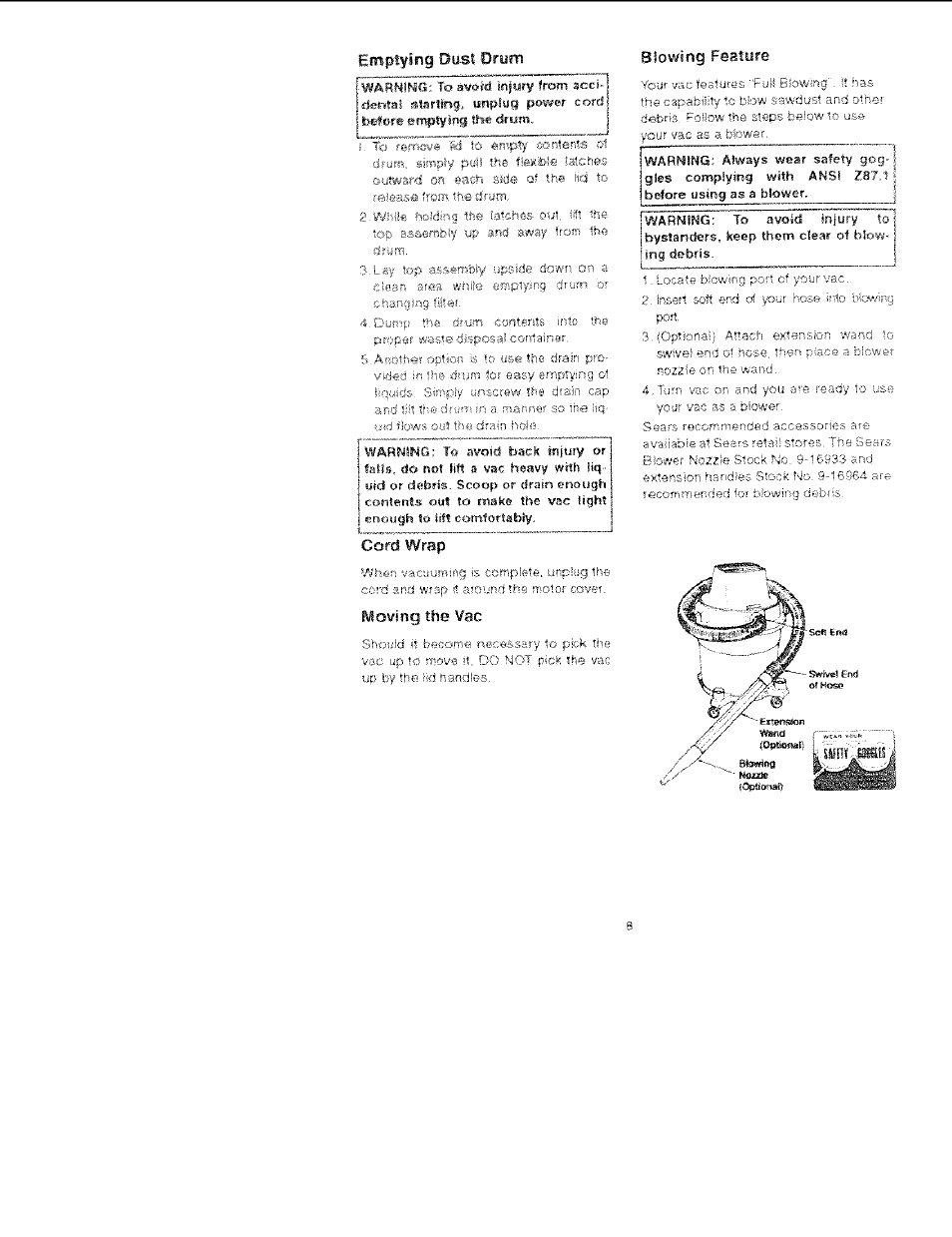 Irufîi, Soft £fwi, Emptying dust drum | Cord wrap, Moving thè vac, Blowing feature | Sears 113.177020 User Manual | Page 8 / 12