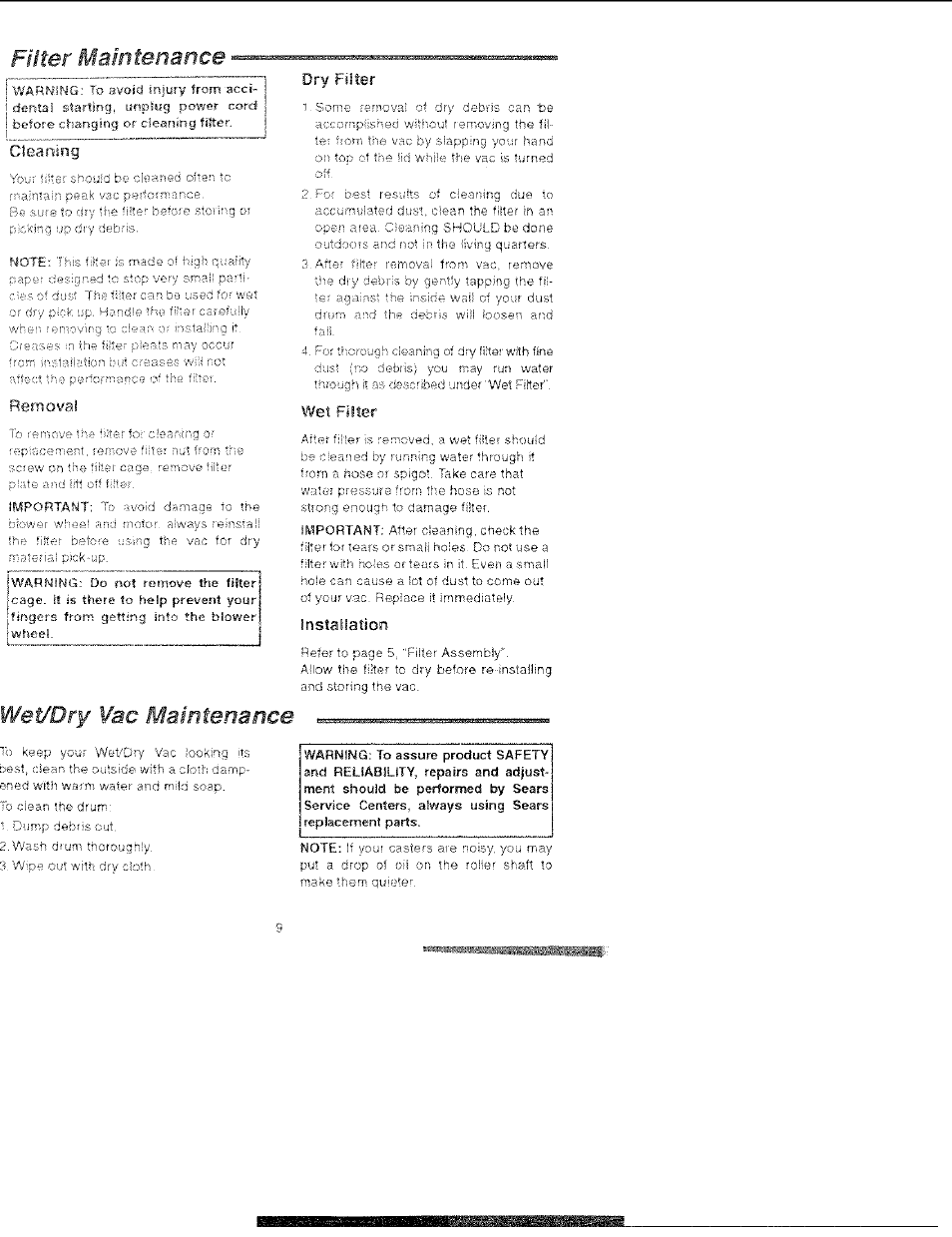 Filter maintenance, Wet/dry ¥ac maintenance, Cleaning | Removal, Dry filter, Wet filter, Nstaliation | Sears 113.177020 User Manual | Page 9 / 12
