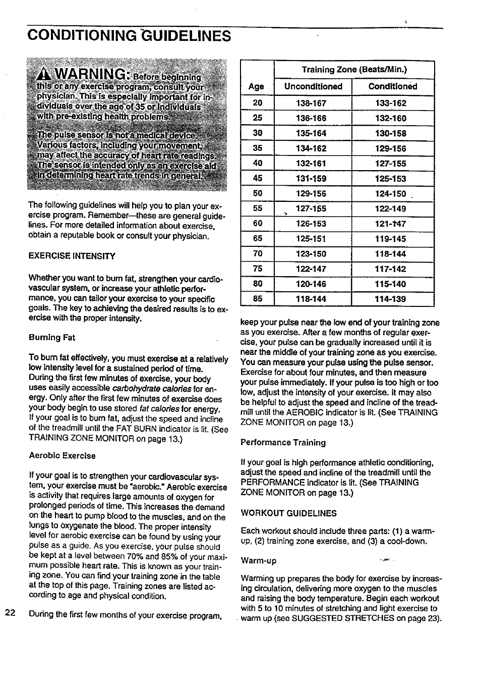 Conditioning guidelines, Conditioning guidelines a warning | Sears PRO FORM 831.29776 User Manual | Page 22 / 28