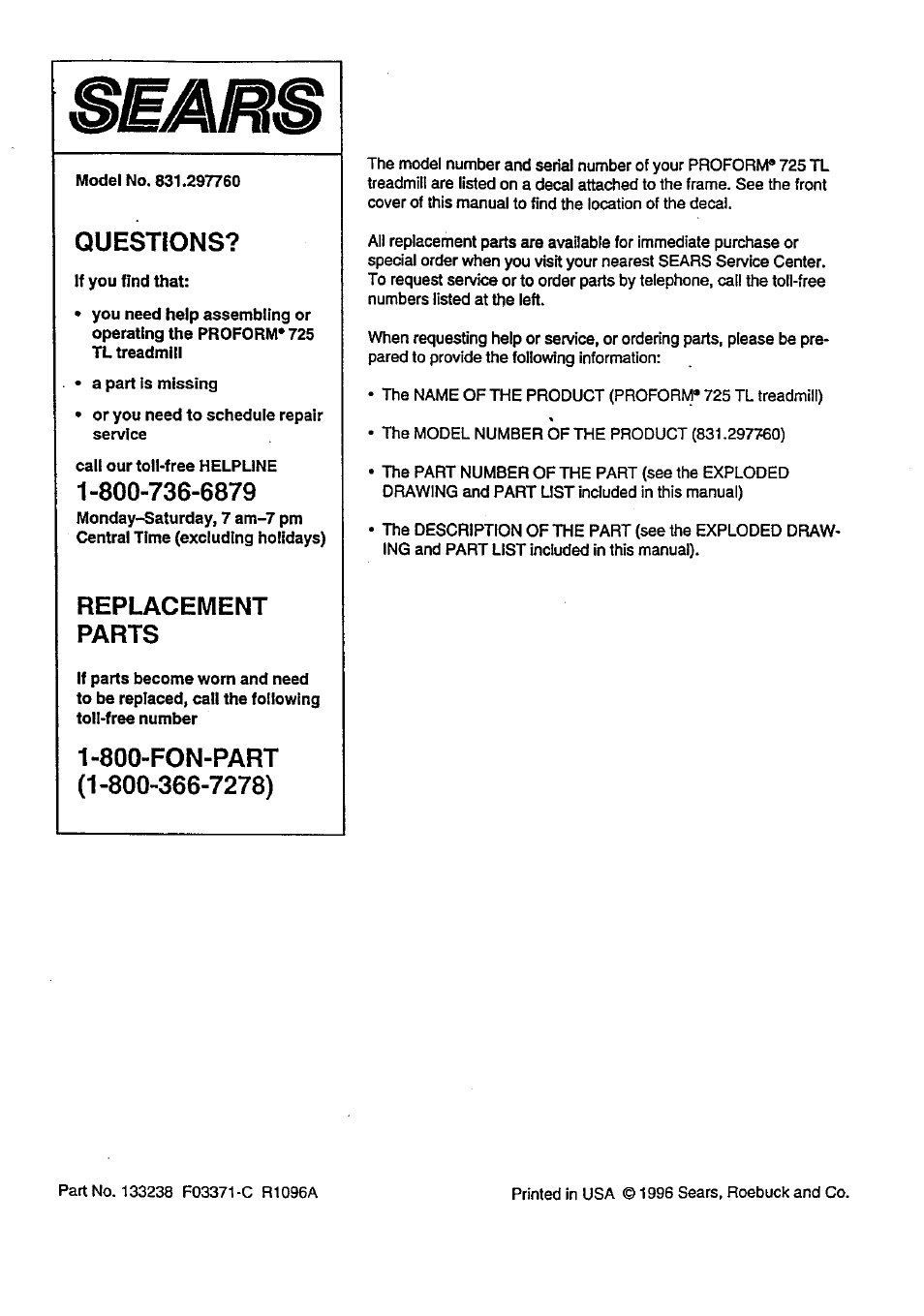 Replacement, Parts, 800-fon-part | Questions, Replacement parts | Sears PRO FORM 831.29776 User Manual | Page 28 / 28