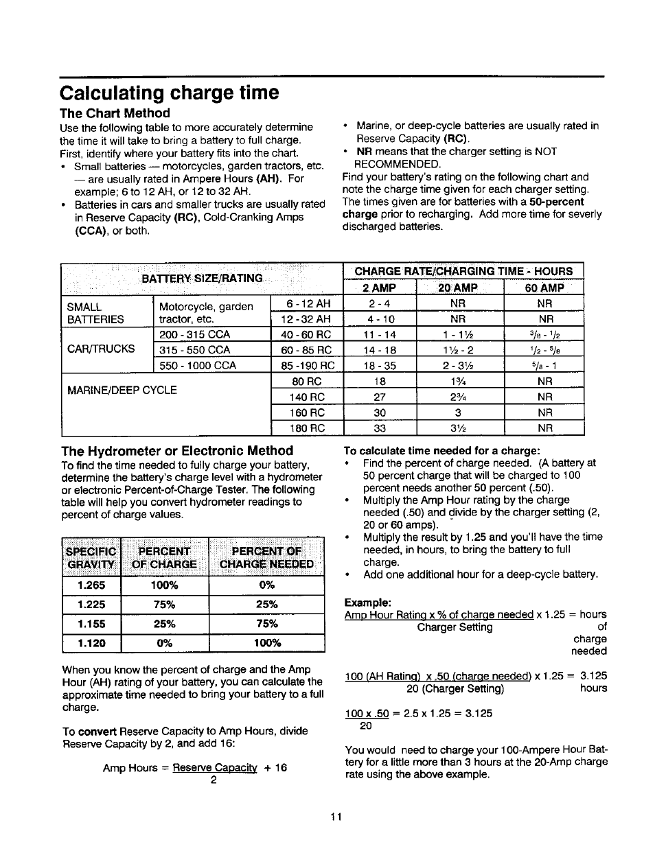 To calculate time needed for a charge, Example, Calculating charge time | The chart method, The hydrometer or electronic method | Sears DieHard 200.71460 User Manual | Page 12 / 15
