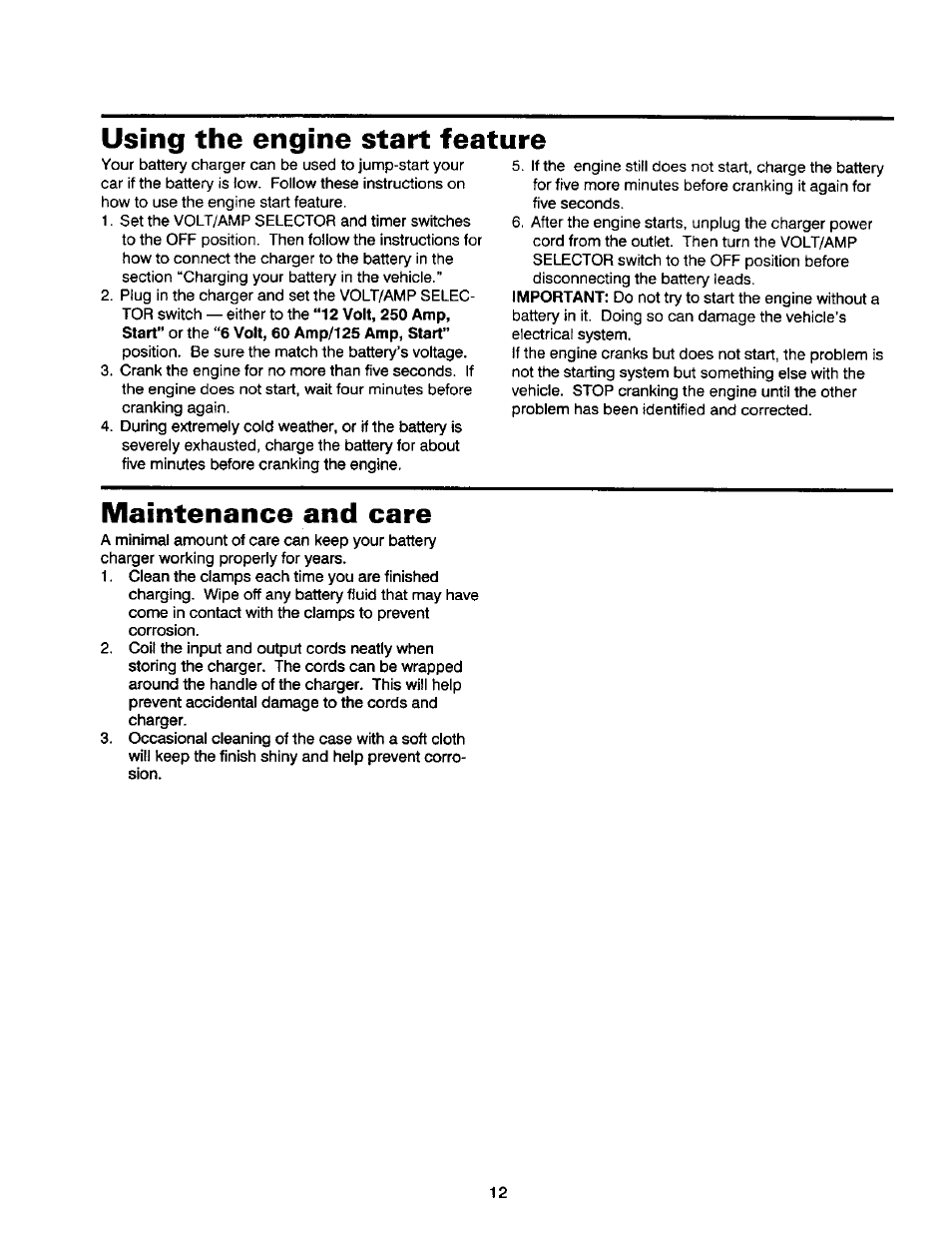 Using the engine start feature, Maintenance and care | Sears DieHard 200.71460 User Manual | Page 13 / 15