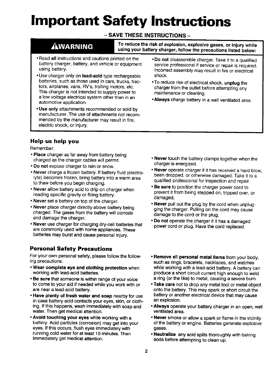 Important safety instructions, Wariming, Save these instructions | Help us help you, Personal safety precautions | Sears DieHard 200.71460 User Manual | Page 3 / 15