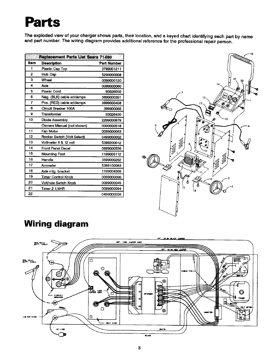 Parts, Wiring diagram | Sears DieHard 200.71460 User Manual | Page 4 / 15