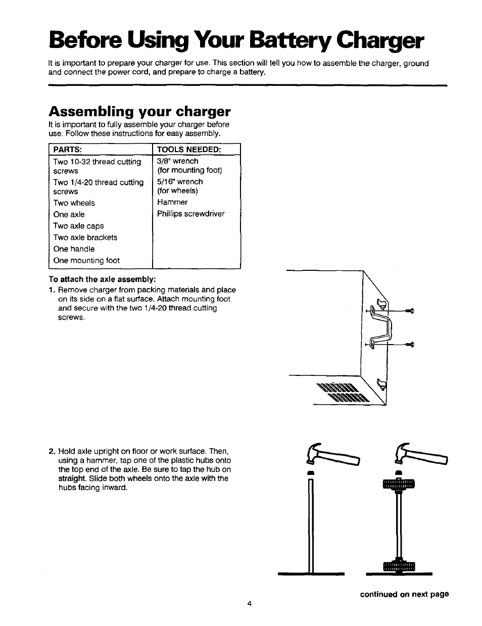 Before using your battery charger, Parts, Tools needed | To attach the axle assembly, Using your battery charger, Assembling your charger | Sears DieHard 200.71460 User Manual | Page 5 / 15