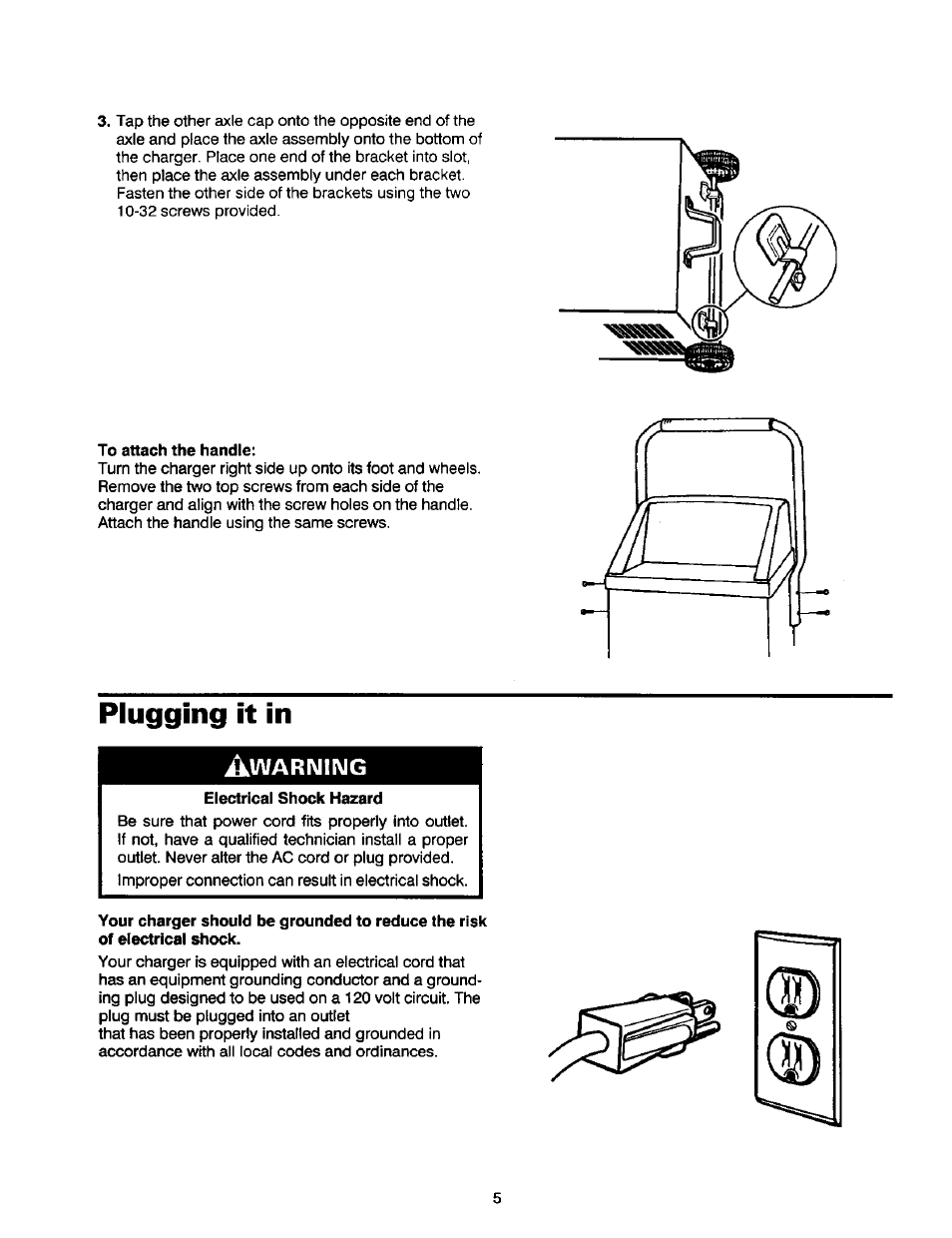 To attach the handle, Electrical shock hazard, Plugging it in | Warniimg | Sears DieHard 200.71460 User Manual | Page 6 / 15