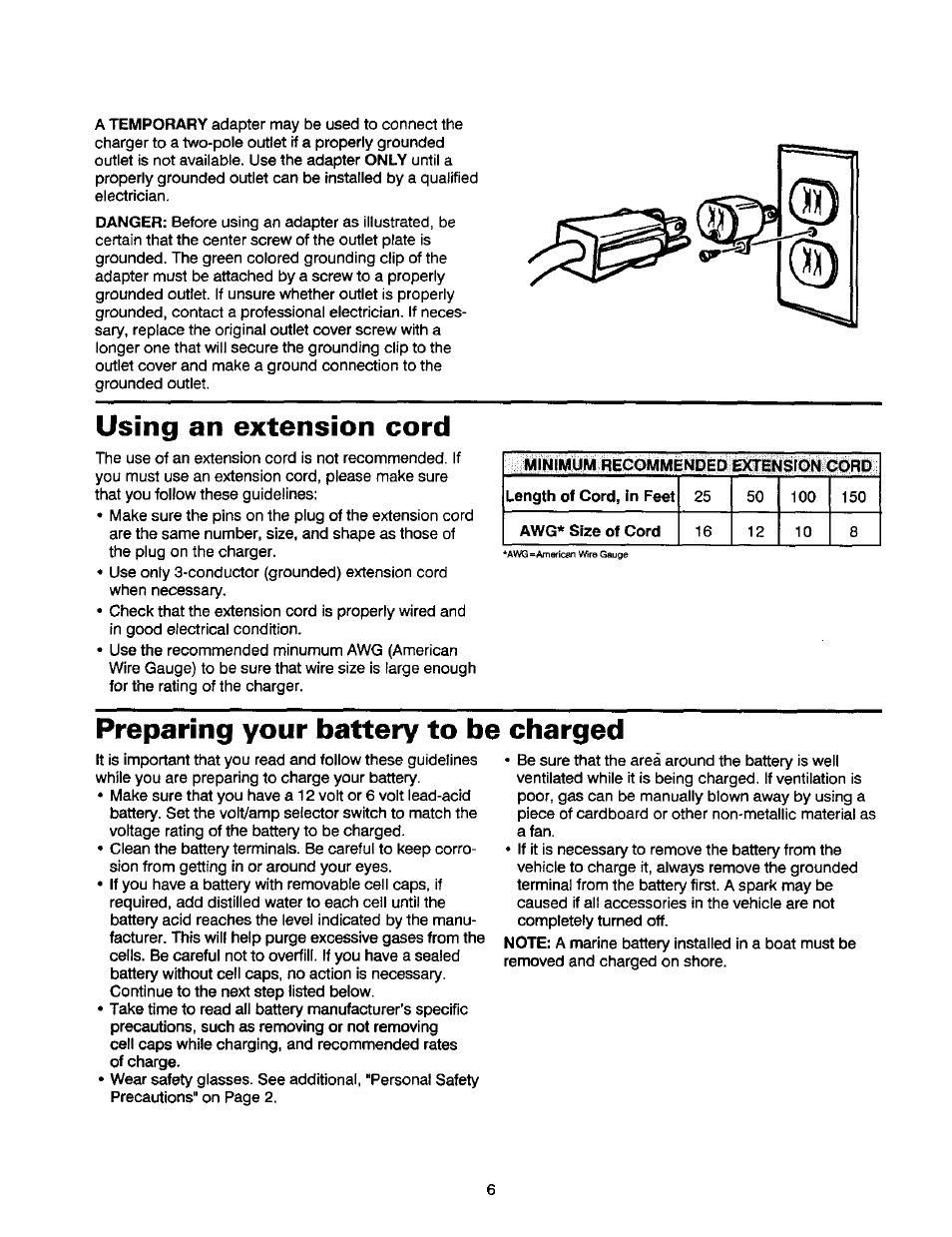 Using an extension cord, Preparing your battery to be charged | Sears DieHard 200.71460 User Manual | Page 7 / 15