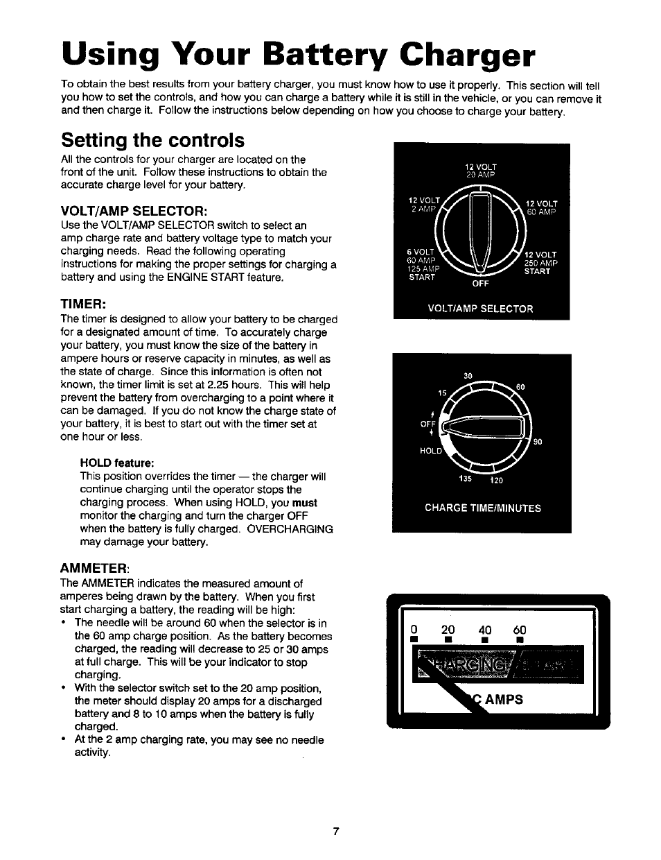 Using your battery charger, Hold feature, Setting the controls | Volt/amp selector, Timer, Ammeter | Sears DieHard 200.71460 User Manual | Page 8 / 15