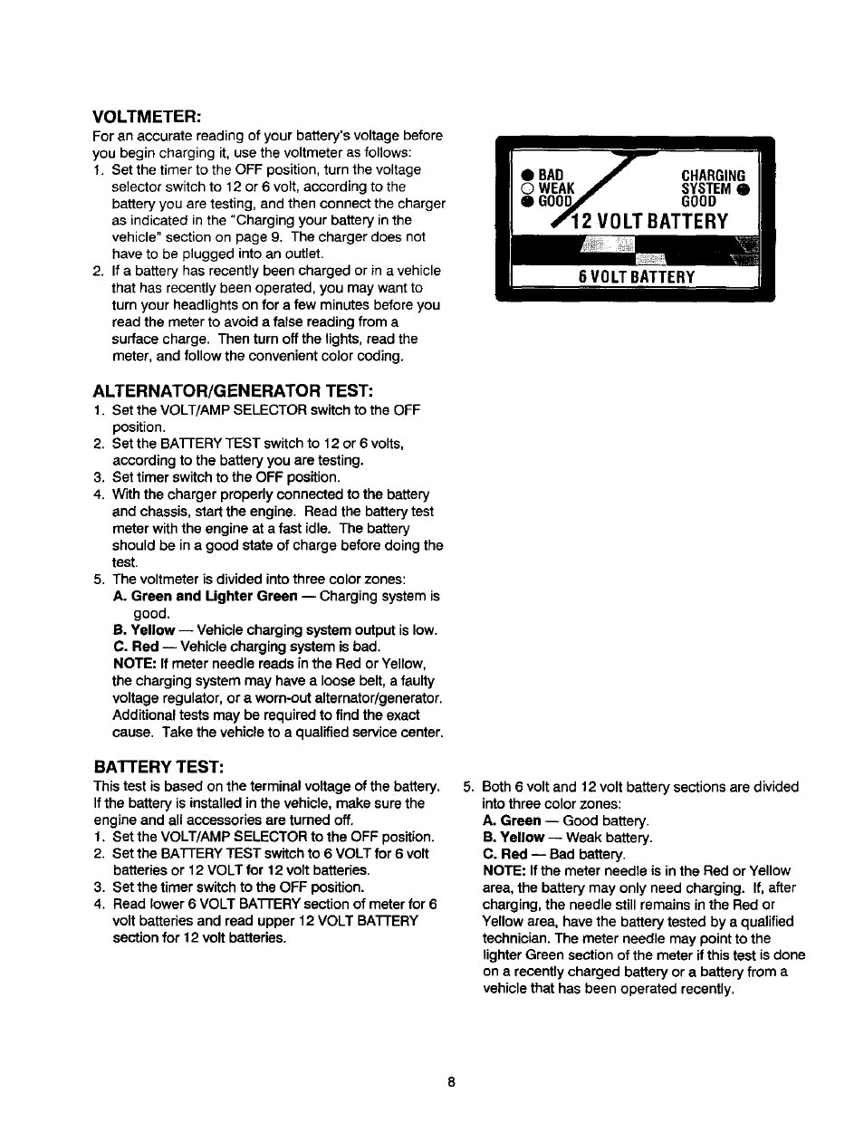 Voltmeter, Alternator/generator test, Battery test | Sears DieHard 200.71460 User Manual | Page 9 / 15