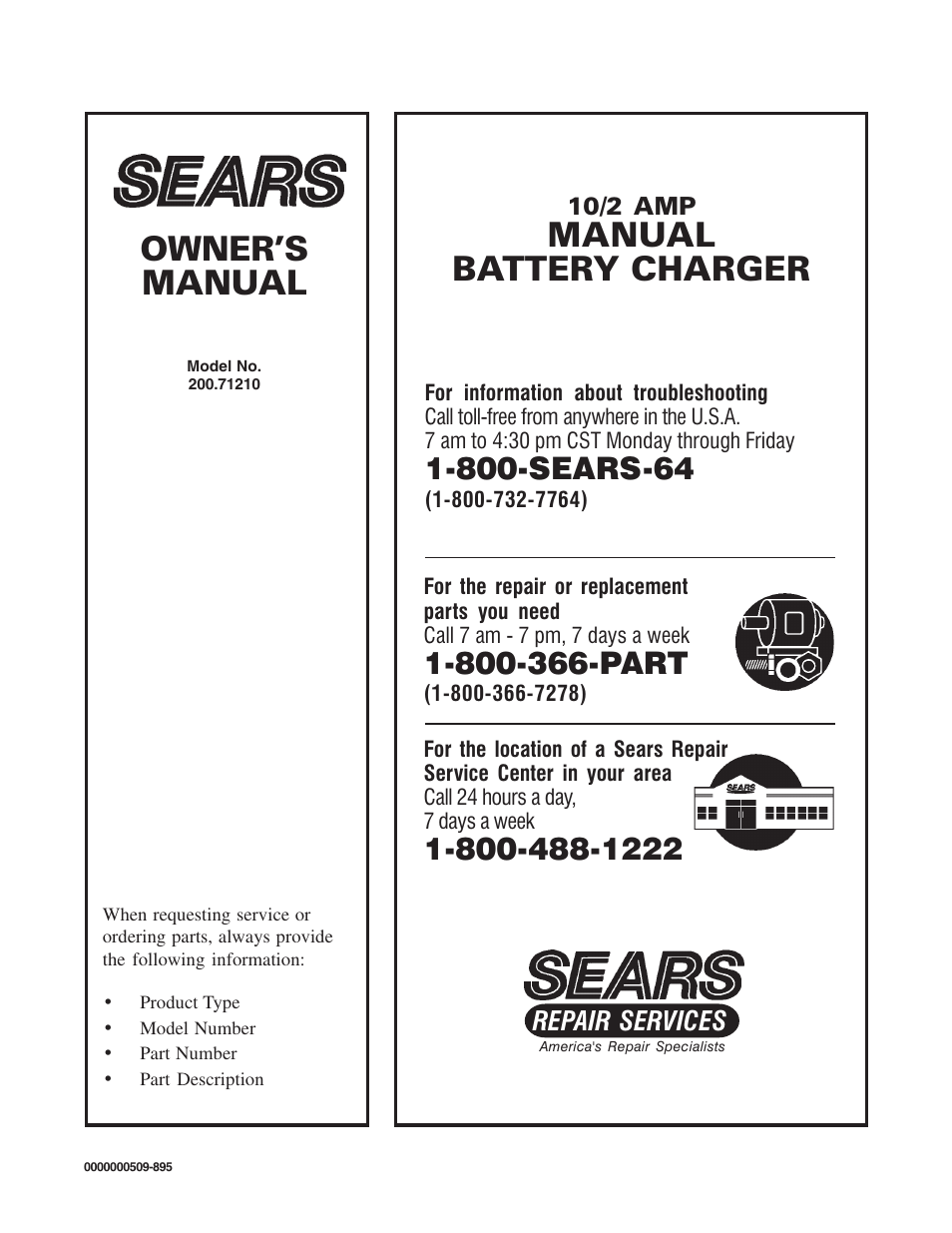 Owner’s manual, Manual battery charger, Repair services | Sears 200.71210 User Manual | Page 12 / 12