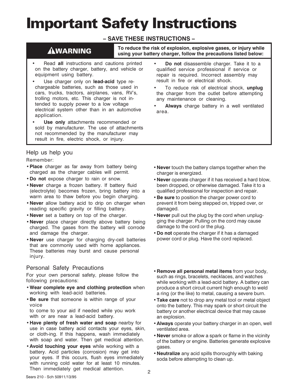 Important safety instructions, Warning | Sears 200.71210 User Manual | Page 3 / 12