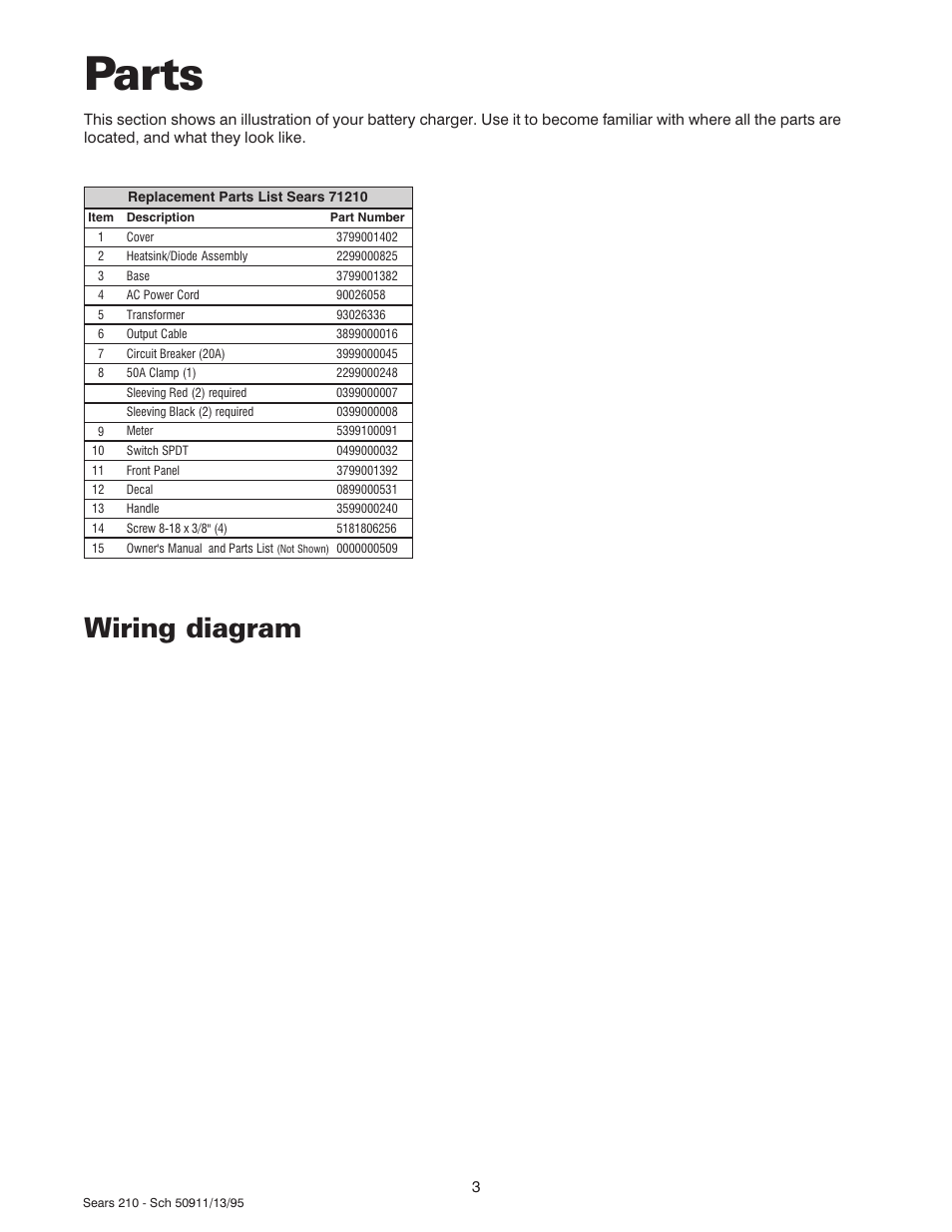 Parts, Wiring diagram | Sears 200.71210 User Manual | Page 4 / 12