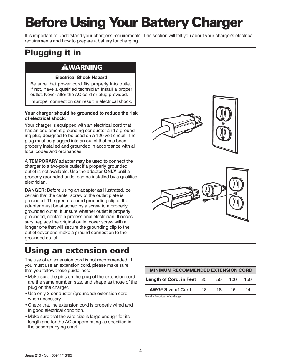 Before using your battery charger, Using an extension cord, Plugging it in | Warning | Sears 200.71210 User Manual | Page 5 / 12