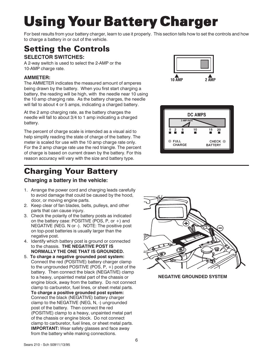 Using y, Setting the controls, Charging your battery | Sears 200.71210 User Manual | Page 7 / 12