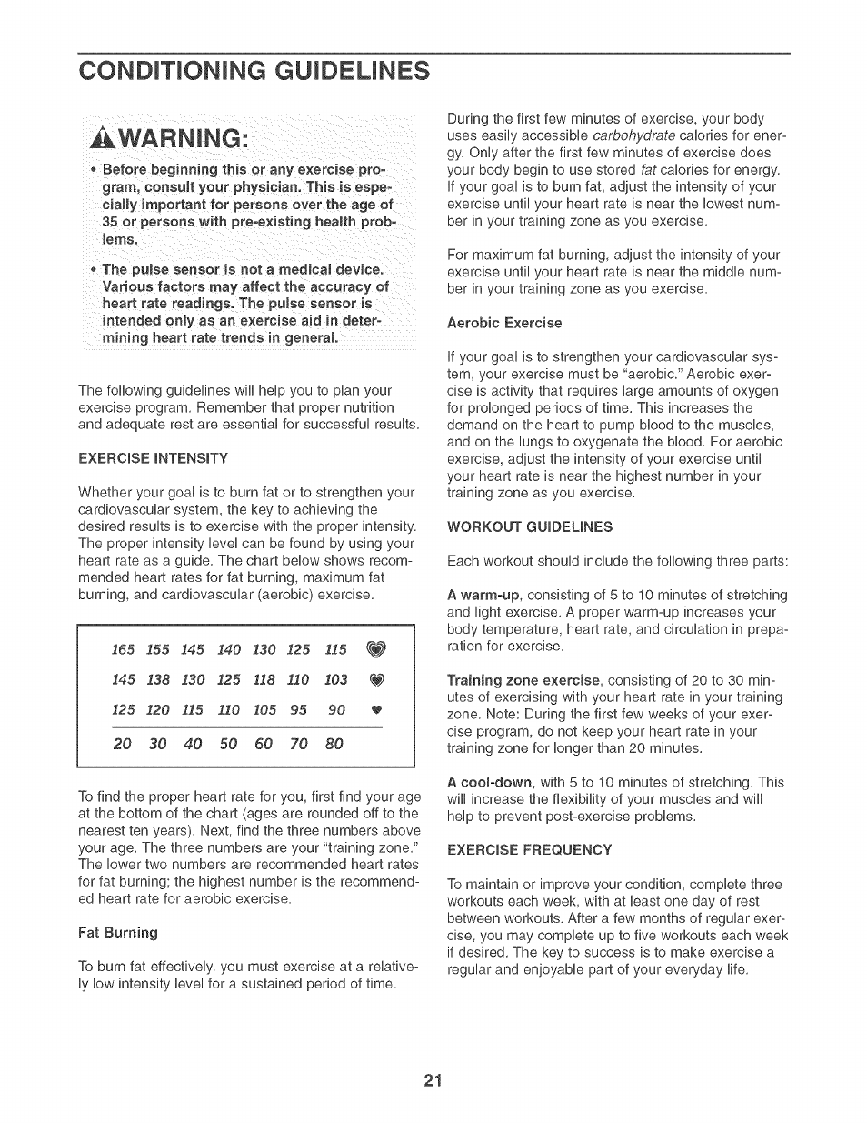 Conditioning guidelines, A warning | Sears PRO-FORM 831.283521 User Manual | Page 21 / 24