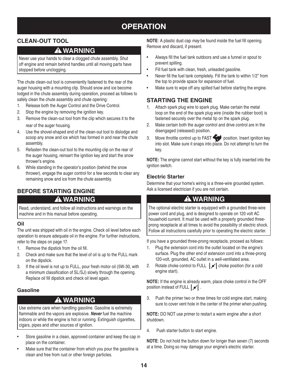 Operation, Warning | Sears 247.88355 User Manual | Page 14 / 64