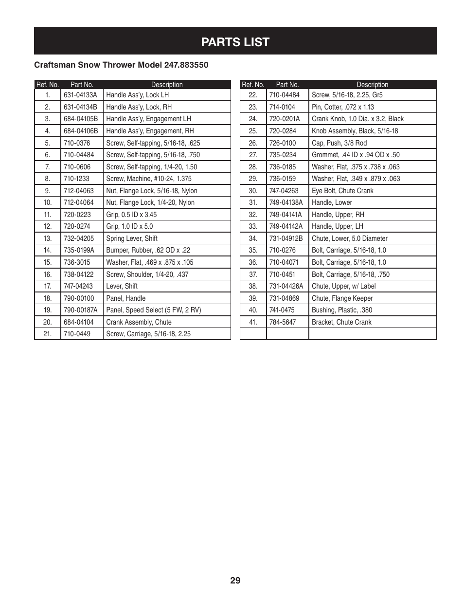 Parts list | Sears 247.88355 User Manual | Page 29 / 64