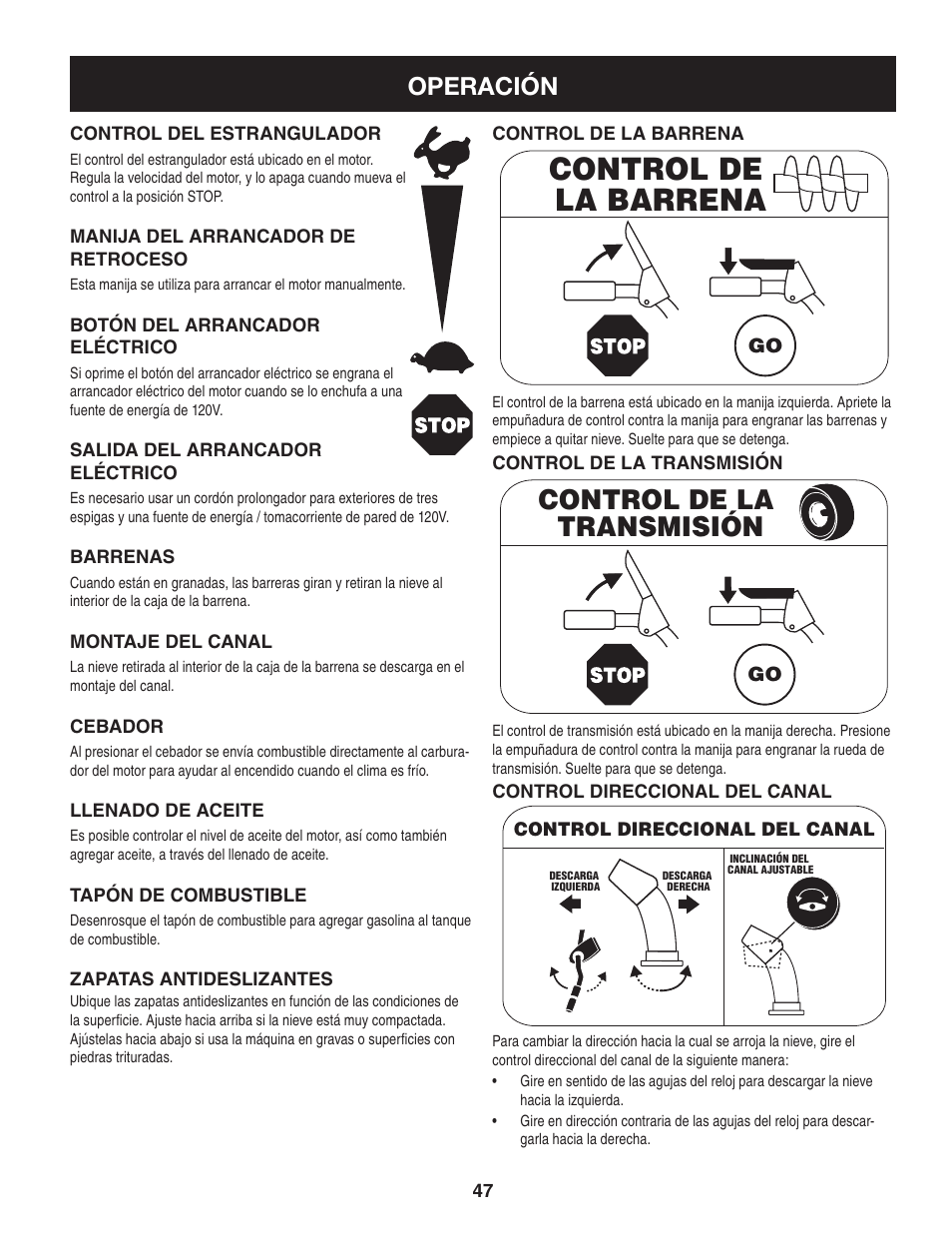 Control de la barrena, Control de la transmisión, Operación | Sears 247.88355 User Manual | Page 47 / 64